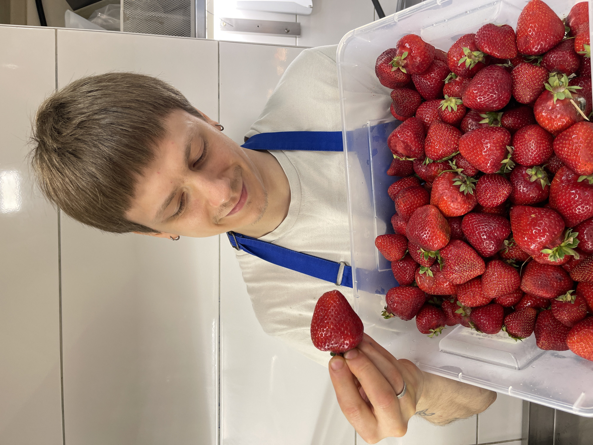 A young adult, likely male, with short brown hair, wearing a white t-shirt and a blue apron, is depicted in what appears to be a commercial kitchen or food preparation area. He is smiling with his eyes gently closed, suggesting contentment or enjoyment. He has a small silver hoop earring in his left ear and a silver ring on the ring finger of his left hand. A faint tattoo is visible on his left forearm.
The primary focus of the image, besides the person, is a large, clear plastic container overflowing with fresh, bright red strawberries. The strawberries appear ripe and plump, with some still having their green caps attached. The person is holding this container with his right hand, supporting it from the side. In his left hand, he holds a single, prominent strawberry, presenting it towards the viewer or examining it closely.
The background consists of white tiled walls, characteristic of a clean food handling environment. Above the person's head, parts of metal shelving or equipment are visible, reinforcing the setting as a professional kitchen. The lighting is bright and even, consistent with an indoor, possibly commercial, setting. There is no visible text in the image. This scene takes place in what appears to be a commercial kitchen or food preparation area, possibly in Belgrade, Serbia, given the context provided.