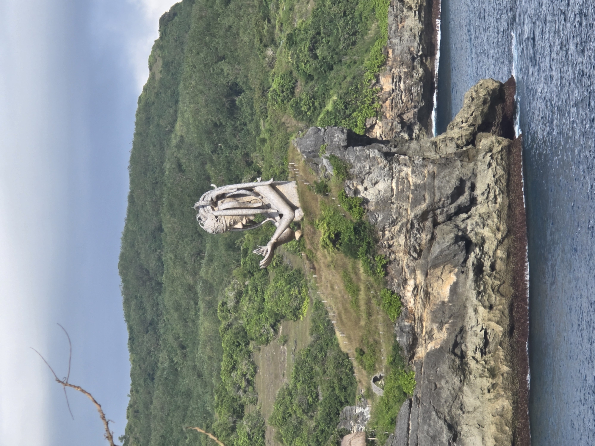 The image depicts a cliffside in Nusa Penida, Indonesia. A sculpture of a face is prominently situated near the edge of the cliff, overlooking the ocean. Lush green vegetation covers the hillside behind the sculpture. The rocky cliff extends into the water. The sky is overcast.