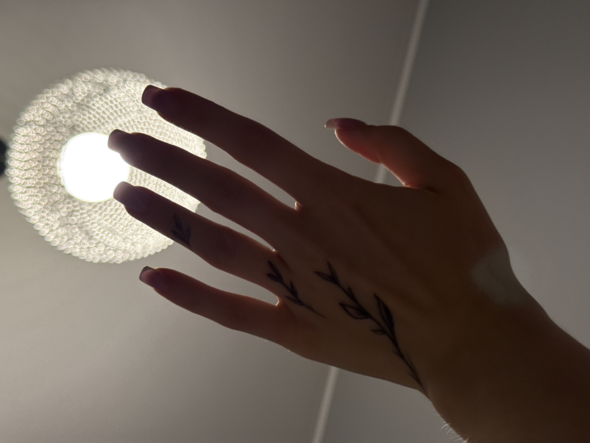 A hand with dark floral tattoos on its back is raised towards a bright, textured ceiling light fixture. The fingers are elongated and tipped with light-colored fingernails. The image appears to be taken from a low angle, looking up at the hand and the light. The background is a plain, greyish wall. The scene does not provide any specific information about the city of Łódź, Poland, nor any forensic details about the environment.