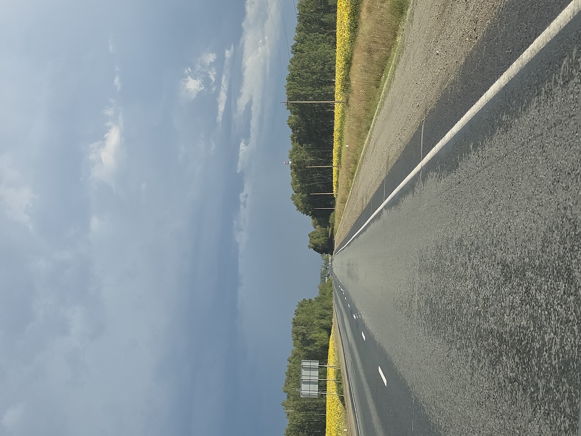 A highway stretches into the distance under a cloudy sky, with a field of sunflowers on the left and a line of trees on the right. The road surface is asphalt, with white lane markings visible. The sky is filled with dark, heavy clouds, suggesting an approaching storm. There are no people or vehicles visible in the image. The location is not identifiable as the city of Karsy, Russia.
