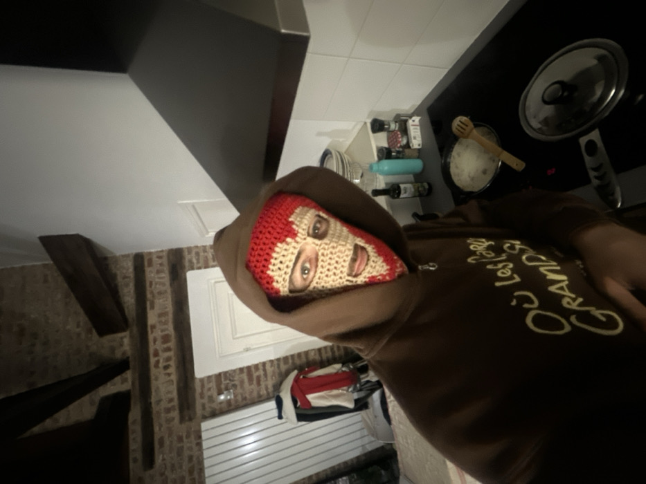 An individual is depicted indoors in Carnin, France, likely within a kitchen or combined living space. The person is wearing a brown hooded sweatshirt with the hood up, covering their head. A crocheted balaclava-style mask, patterned in red and beige, covers their face, revealing only their eyes and a slight opening for the mouth. The mask features a distinctive jagged pattern. The sweatshirt has light-colored text on the front, partially legible as "Où Les Pays GRAND S...". The individual is positioned in front of a black electric stovetop with two cooking pans. The left pan contains a light-colored substance and a wooden slotted spoon. The right pan is covered with a metal lid. Above the stovetop is a black range hood. On the counter to the right, various items are visible, including a dark glass bottle (possibly olive oil), a light blue bottle, and several spice grinders or jars. The background features an exposed brick wall with visible wooden ceiling beams, suggesting an older architectural style. To the left, a white vertical radiator is present, and red and white garments are hanging near it. A white door and door frame are also visible in the background. The overall scene indicates a domestic setting with ongoing cooking activity.