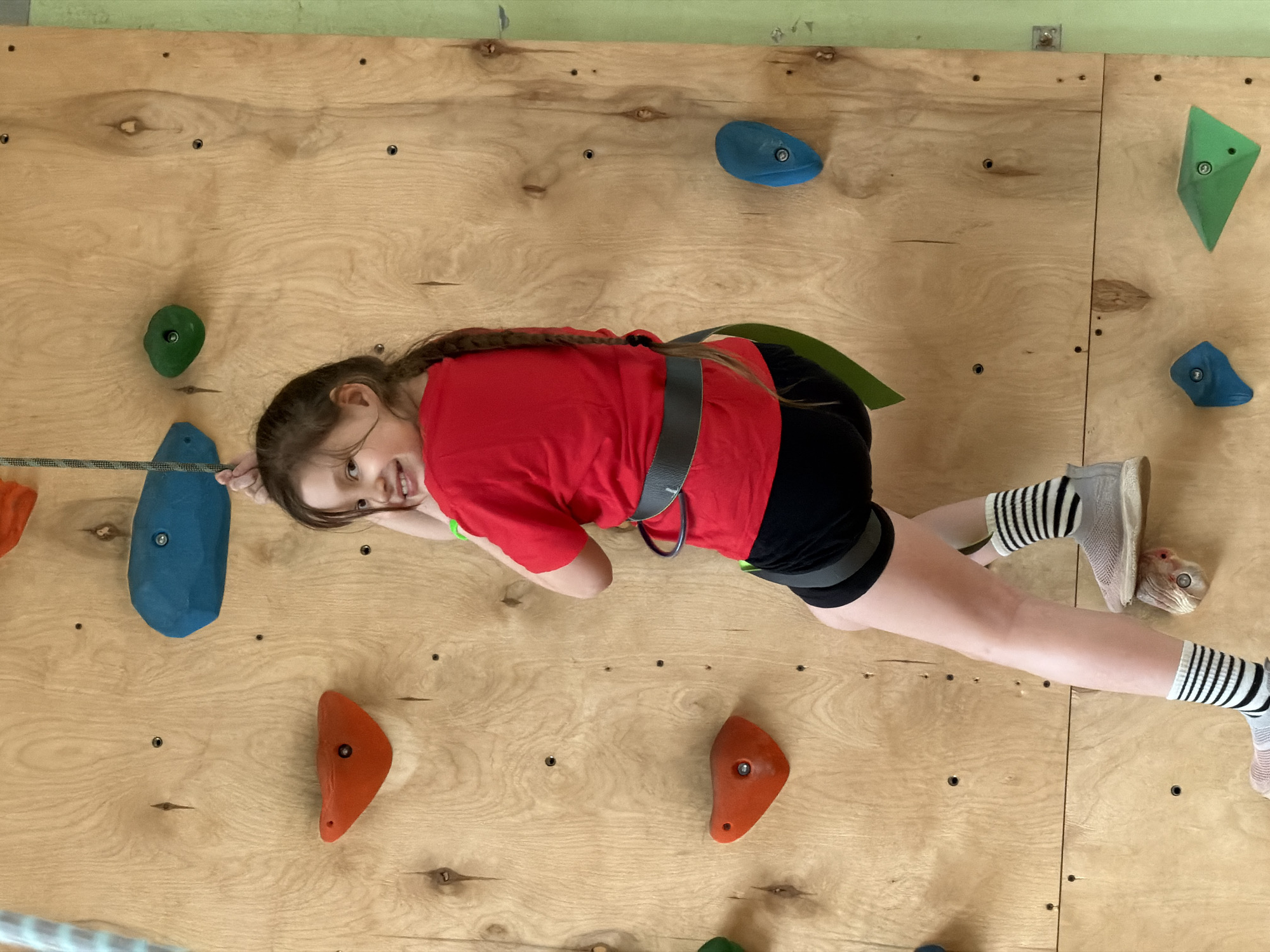 A young girl, approximately 5-8 years old, is depicted horizontally on an indoor climbing wall in Izhevsk, Russia. She has light brown hair in a braid and is wearing a red short-sleeved t-shirt, black shorts, and a grey climbing harness. Her feet are in light-colored sneakers with black and white striped socks.
The girl is smiling broadly and looking directly at the camera. Her left arm is extended, and her hand is near a blue climbing hold, with a climbing rope attached to her harness visible across the lower left. Her right leg is stretched out, with her foot positioned on or near another hold.
The climbing wall is constructed from light-toned plywood panels, featuring an array of colorful climbing holds in green, blue, and orange, bolted onto the surface. Numerous small holes indicate where holds can be attached. Above the wooden wall, a light green painted wall or partition is visible. The scene suggests an indoor recreational or sports facility, likely a climbing gym, during daytime. There is no visible text in the image.