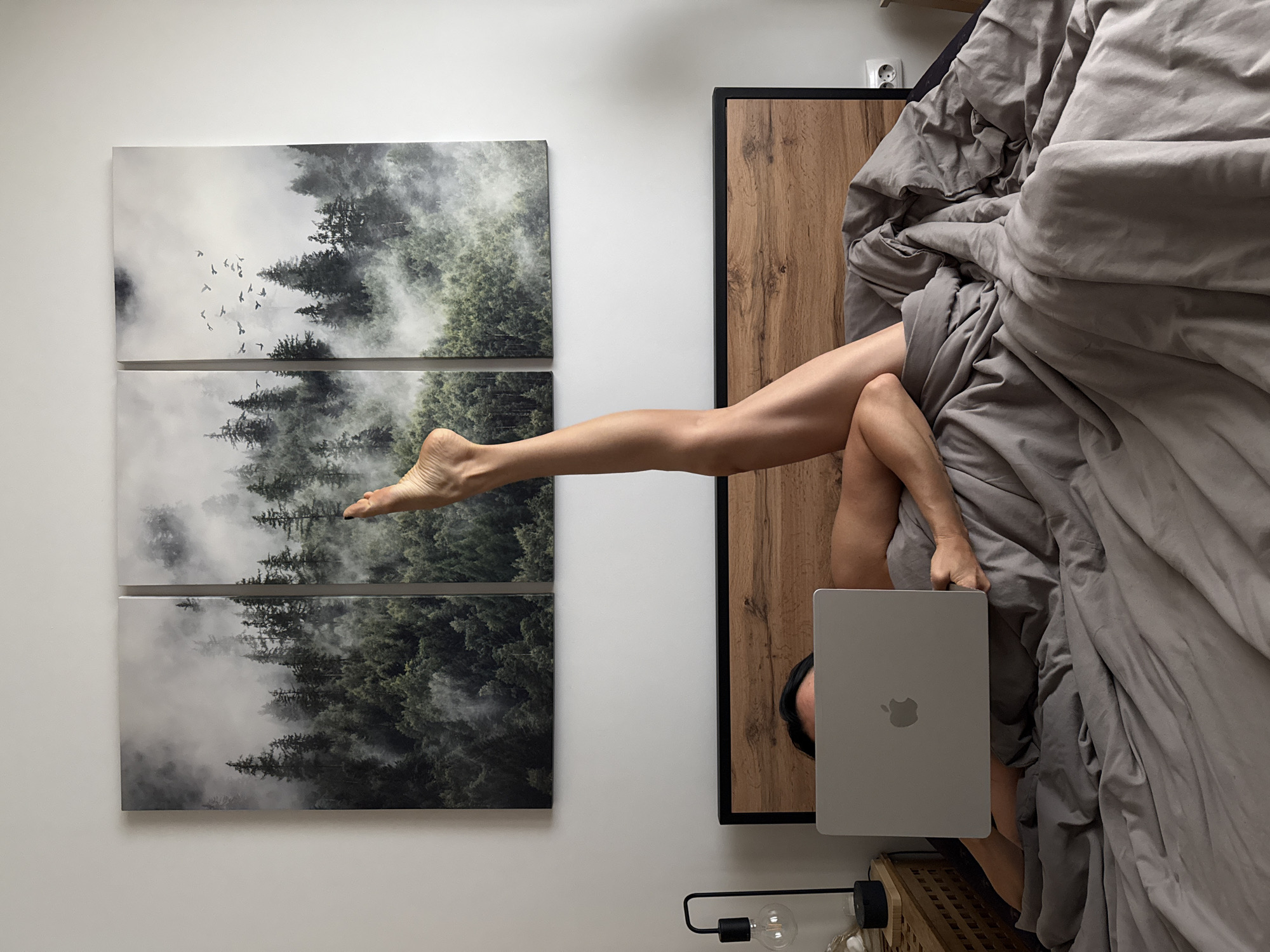 In a bedroom, a person lies in bed under grey blankets, holding a silver laptop. One leg is raised vertically in the air. Behind the bed, on the wall, are three large framed pictures depicting a foggy forest with trees and birds. A bedside table with a lamp is visible to the left of the bed. The location is identified as Chaikovsky, Russia, though the visual elements do not specifically confirm this.