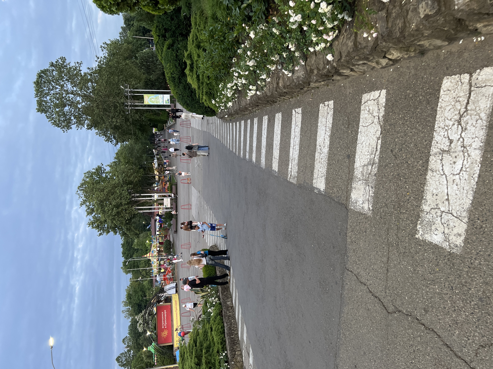 This image depicts a scene in a park or recreational area in Krasnodar, Russia. A pedestrian crossing with white stripes is prominent in the foreground, leading across an asphalt path. On the right side of the path, there is a stone retaining wall covered with blooming white roses and lush green bushes.
In the mid-ground, several people are walking or standing, including a group of three individuals near the pedestrian crossing, two of whom appear to be teenagers. A young boy on a scooter is also present. Beyond them, the park opens up with more trees, decorative arches, and what appear to be amusement park rides or stalls with colorful awnings. Signs with Russian text are visible, one of which reads "встречаемся в Краснодаре" (We meet in Krasnodar) and "1793 год основания Краснодара" (1793, the founding year of Krasnodar).
In the background, a large, mature tree stands tall, and further in the distance, more trees and the expanse of the park are visible under a cloudy, dusk sky. The overall impression is that of a public space in Krasnodar during the evening.