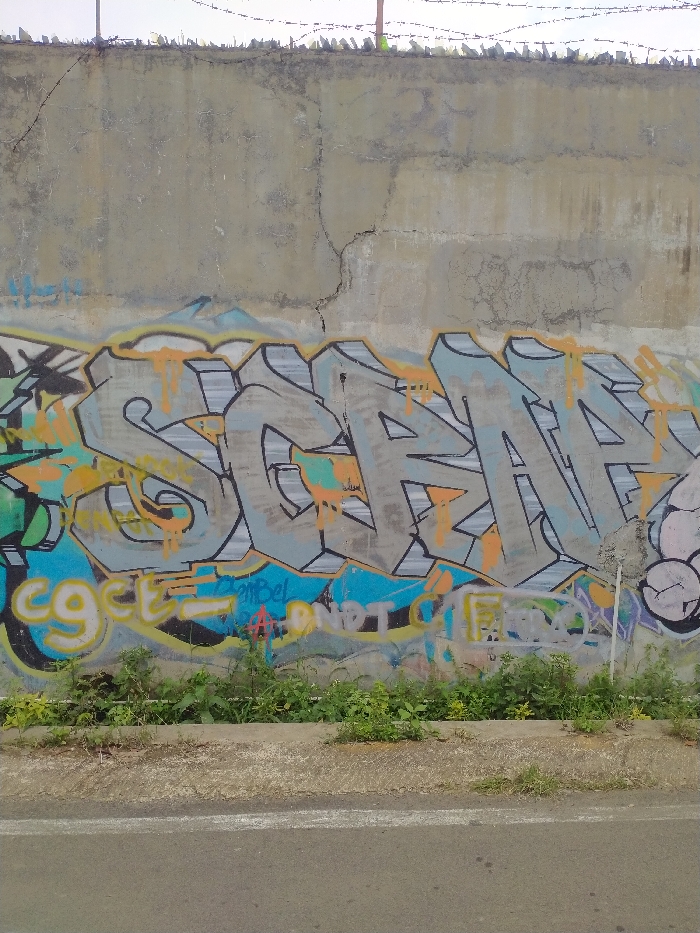 The image captures a graffitied concrete wall located alongside an asphalt road in Karanganyar, Indonesia. The weathered, light gray wall is heavily cracked, with a prominent fissure running vertically and then horizontally across its upper section. Along the top edge, sharp barbed wire is visible, suggesting a security measure.
The wall is covered with multiple layers of graffiti. The most prominent piece is a large, stylized word "SCRAM" rendered in gray with black outlines, accented by patches of orange and light blue, and set against a bright blue background. Below this, several smaller tags and words are visible, including yellow letters spelling "cget" and red text that appears to read "AnBel A" and "dnot" (possibly part of "don't"). Other, less legible markings are also present.
A strip of green vegetation, consisting of various plants and weeds, grows at the base of the wall, separating it from the road. In the immediate foreground, a section of an asphalt road is visible, bordered by a lighter gray curb or edge. The scene is brightly lit, indicating it is daytime, with a light, indistinct sky above the wall. No people or animals are present in the image.