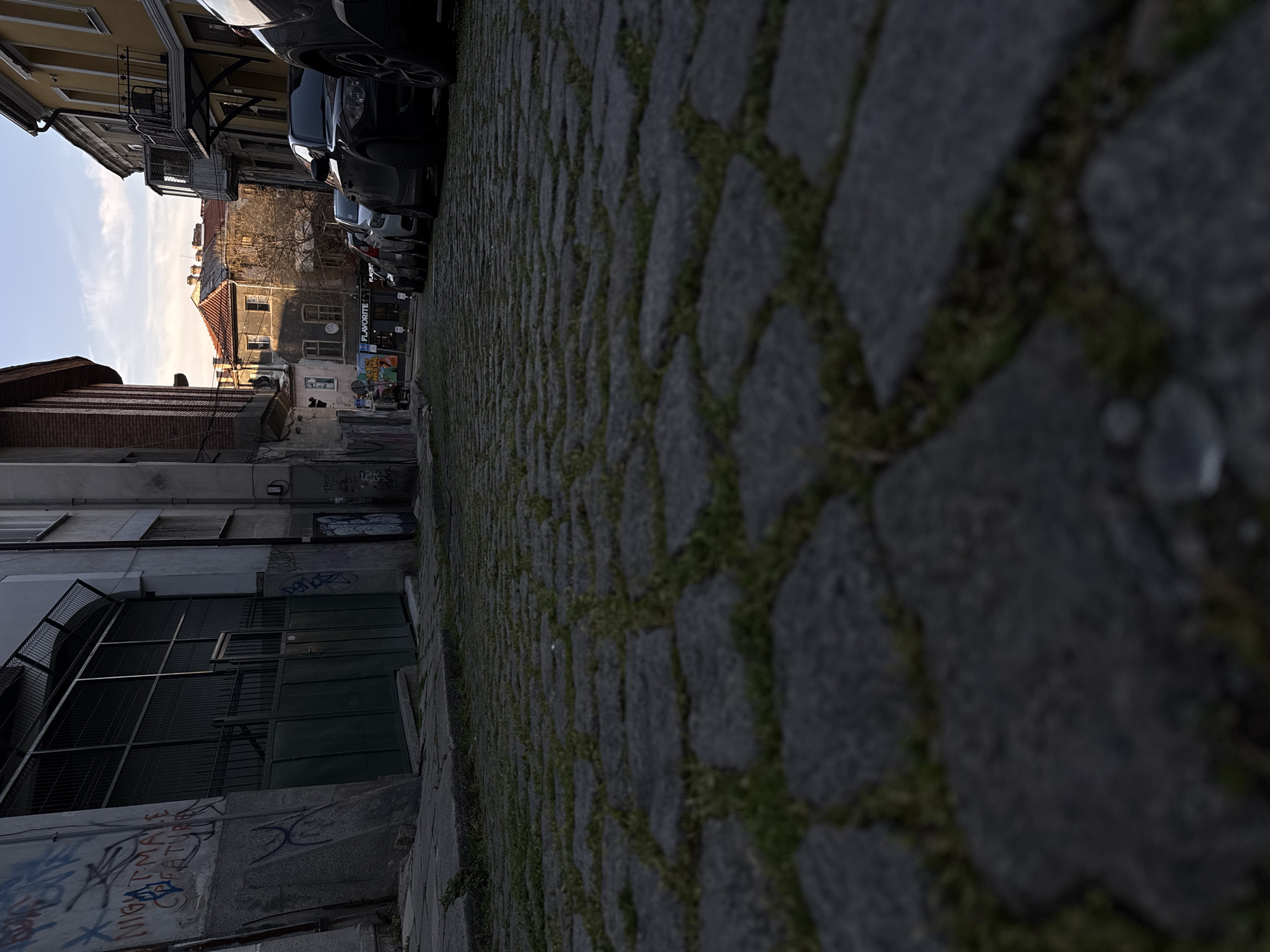 The image depicts a narrow cobblestone street in Plovdiv, Bulgaria. The street is flanked by buildings on either side, with cars parked tightly along the right. The pavement is gray and uneven, with grass growing in the spaces between the stones. Graffiti is visible on the lower sections of the buildings to the left, and the buildings appear to be a mix of residential and commercial. In the distance, the street leads to an area with more buildings and a partially visible blue sky. The composition suggests a low angle, emphasizing the texture and perspective of the street.