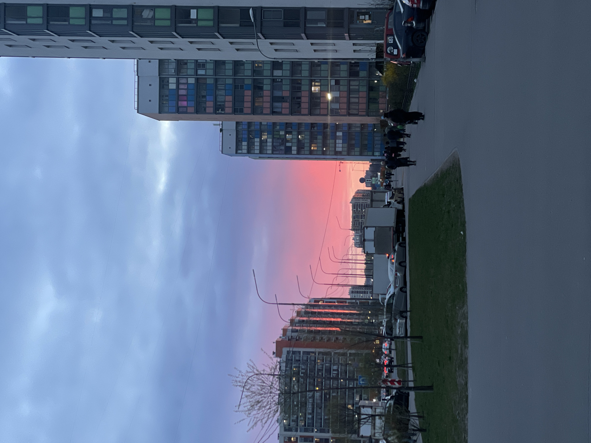 This image captures an urban street scene in Murino, Russia, during what appears to be either a sunrise or a sunset. The most striking feature is the sky, which dominates the upper and central parts of the frame, transitioning from a soft blue and purple overhead to a brilliant, intense pink and red at the horizon.
The scene is lined with several tall, modern multi-story residential buildings. On the left, a large building features a distinctive facade with numerous windows displaying various colored panes, some of which show internal lights. Further down and on the right, other residential structures are visible, mostly silhouetted against the vibrant sky.
A wide asphalt road occupies the lower portion of the image, bordered on the right by a sidewalk and a narrow strip of green grass. A small group of approximately 5-7 people are walking along the sidewalk, largely appearing as dark silhouettes. Numerous cars are parked along both sides of the street. On the left, a red and white vehicle, possibly a bus or tram, is parked with the number "81" clearly visible on its side. A white van and other parked cars are also visible further down the street.
Several modern streetlights with distinct curved arms are spaced along the road. A small, sparsely leafed tree stands in the foreground on the right. The dramatic natural light of the sunset or sunrise creates a visually captivating and serene atmosphere over the structured urban landscape. A small white sign with green arrows is visible on the left side of the street, but its text is unreadable.