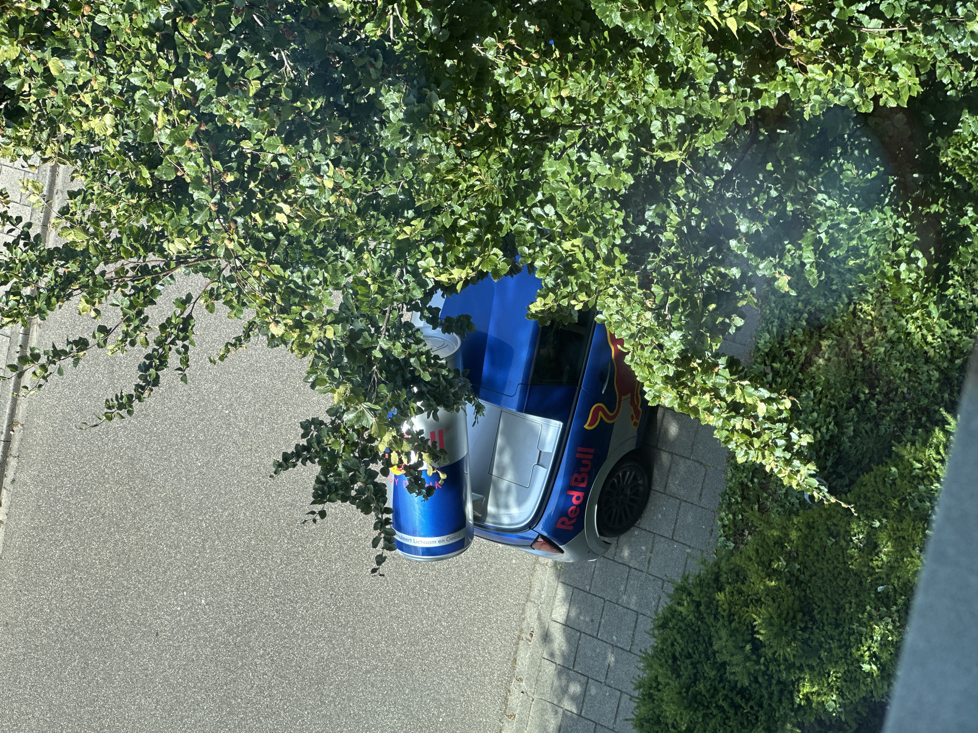 An aerial view captures a Red Bull branded car parked on a paved sidewalk next to a street. The car is predominantly blue with the Red Bull logo and text visible. A large replica of a Red Bull can is mounted on the roof of the car. Lush green trees with dense foliage partially obscure the view of the car and its surroundings. The scene is illuminated by bright sunlight, casting shadows from the trees. The ground is a mixture of asphalt and paving stones.