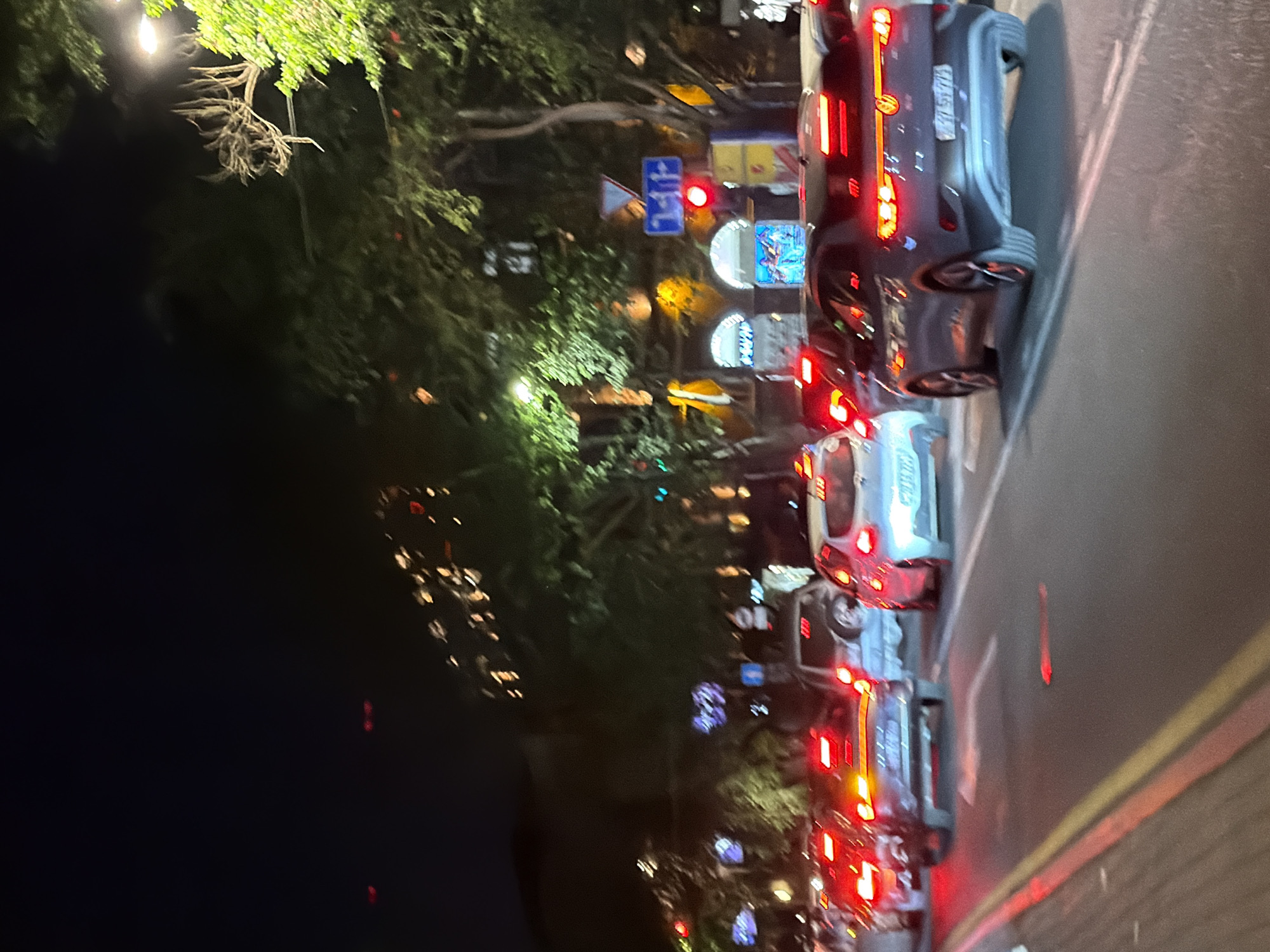The image depicts a nighttime scene of a street in Yerevan, Armenia. Several cars are stopped at a traffic light, their brake lights illuminated, creating red streaks on the wet pavement. Streetlights and storefronts are visible in the background, their lights blurred. Trees line the side of the street, their foliage obscuring some of the buildings.