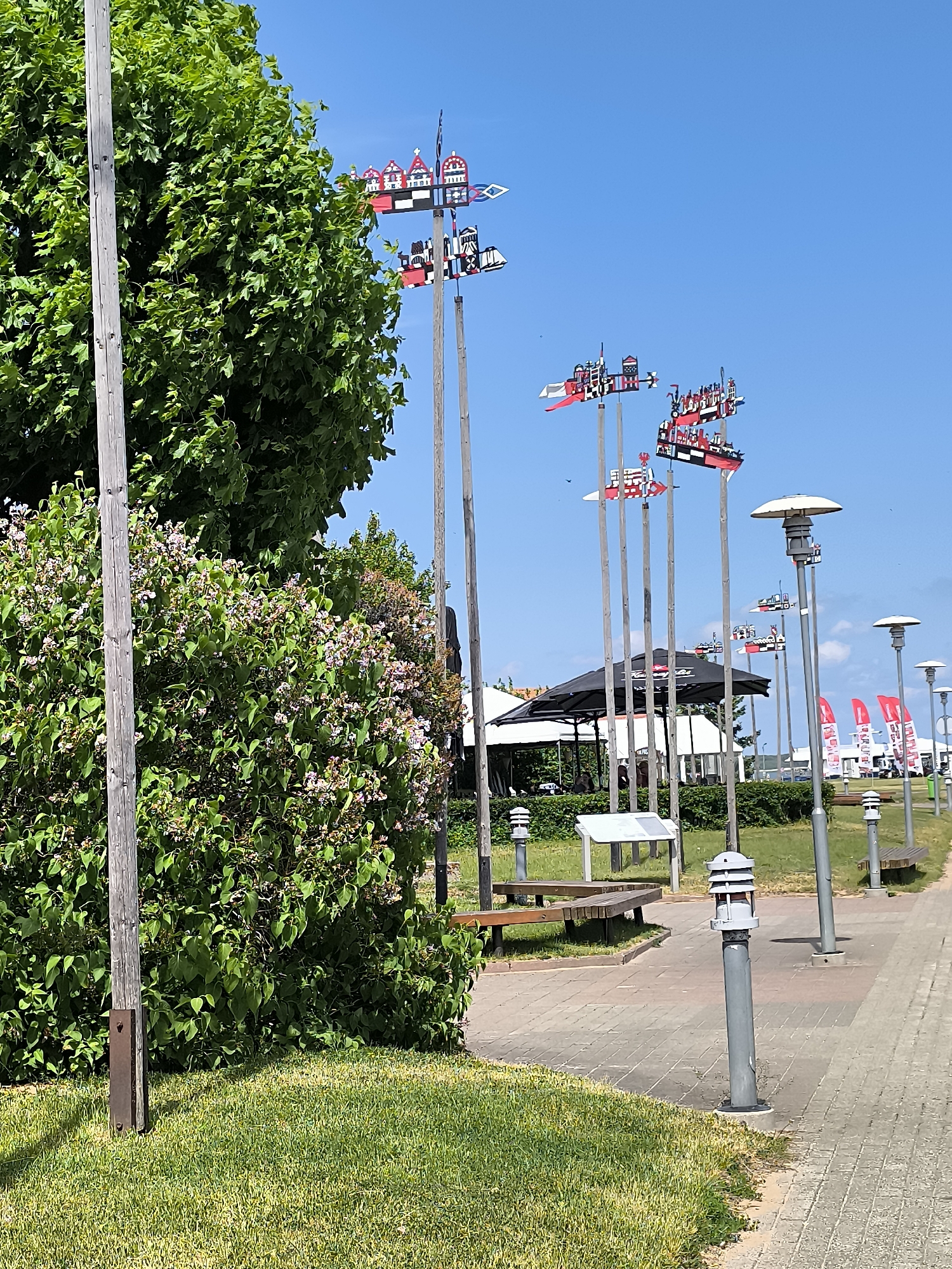 This image depicts an outdoor scene on a bright, sunny day, likely in Neringa, Lithuania, given the presence of stylized maritime-themed weathervanes. In the foreground, a lush green lawn transitions to a paved walkway made of interlocking bricks. To the left, a large, leafy tree dominates the frame, with a bush bearing small pink flowers situated in front of it. Several tall wooden poles with wooden weathervanes shaped like ships with red and white detailing are visible throughout the scene. These weathervanes are positioned at various heights and angles.
In the background, a paved area with benches and modern gray lampposts lines the walkway. Beyond this, a black canopy tent covers an outdoor seating area, possibly a cafe or restaurant. Further in the distance, white buildings and red flags with white lettering are visible, suggesting a commercial or recreational area. The sky is a clear, vibrant blue with a few wispy clouds. The overall impression is of a pleasant, public outdoor space, possibly a promenade or park area, with a distinctly nautical theme.