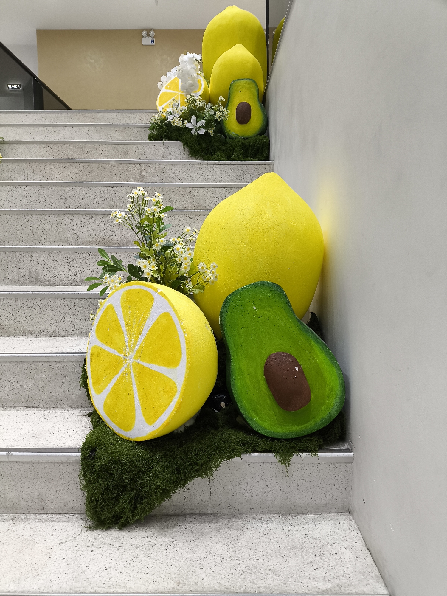 The image depicts a decorative display on a staircase, featuring oversized faux fruits and greenery. The primary subjects are two large, bright yellow lemon-like objects, one whole and one sliced in half, revealing its segments. Accompanying the lemons are two similarly large, bright green avocado halves, one showing its brown pit. White and yellow faux flowers with green foliage are interspersed among the fruit. The display is set against a backdrop of a light-colored, textured wall and a light gray, speckled staircase with metal nosings. The staircase appears to lead upwards, with several steps visible.
The scene suggests a decorative installation, possibly for an event or to enhance the ambiance of the location. There is no indication of any specific activity taking place, beyond the static display. Notable details include the artificial nature of the fruits and flowers, the clean and modern design of the staircase, and the neutral tones of the surrounding architecture. The lighting appears to be artificial, suggesting an indoor setting, possibly a commercial or public building. There are no visible people in the image.
On the upper left of the image, a sign with "WC" and an arrow is visible on a wall, indicating a restroom facility. The location context provided states Đà Nẵng, Vietnam, but there are no specific visual cues within the image itself that confirm this location, such as distinct architectural styles, flora, or signage in Vietnamese. The overall impression is one of a cheerful and vibrant, albeit artificial, arrangement designed to be visually appealing.