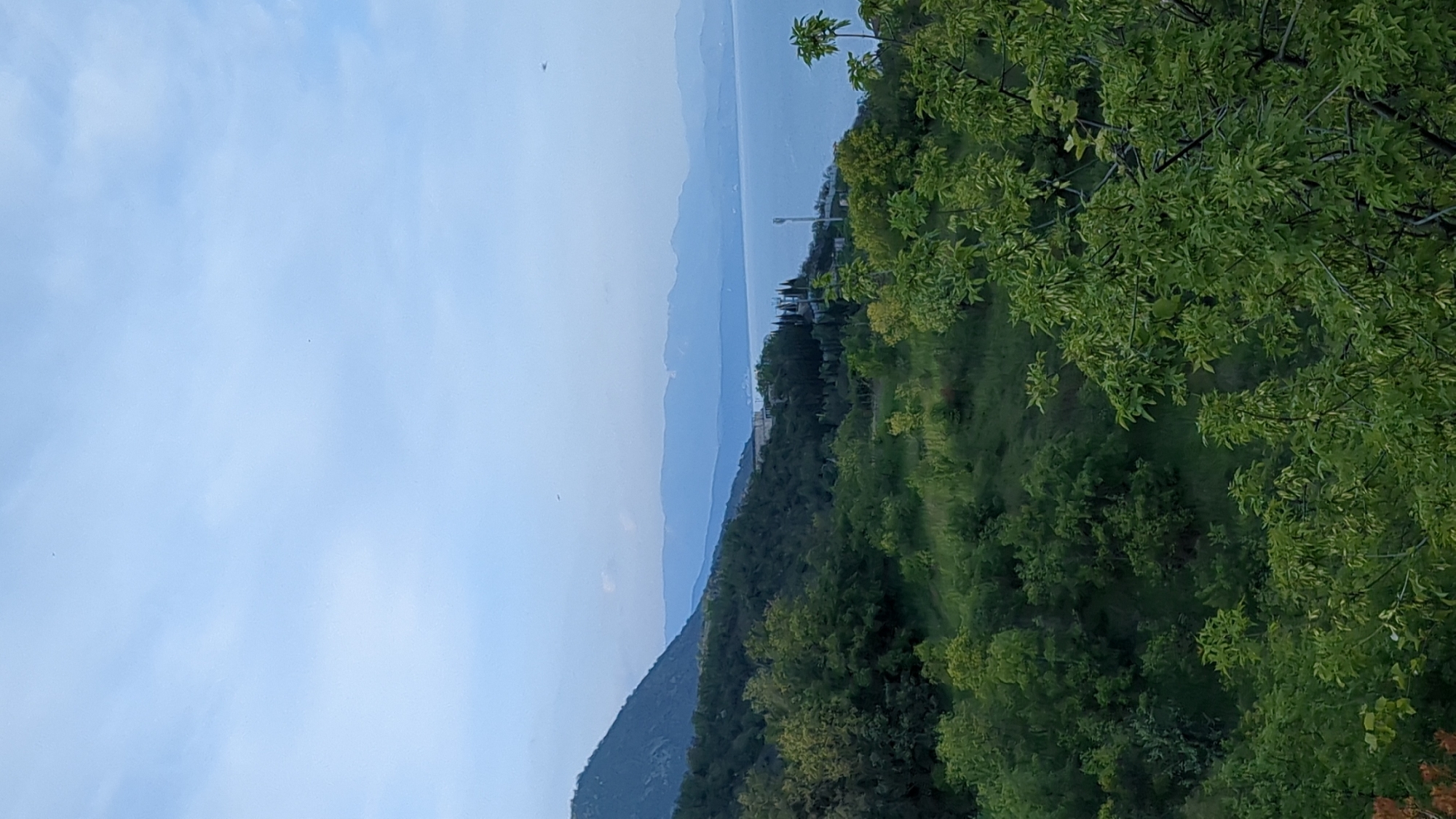 The image depicts a landscape view in the city of Unknown, Unknown. The sky is light blue with faint clouds. In the mid-ground are hazy mountains fading into the blue horizon. Below the mountains, a body of water is visible. Closer to the foreground, there's a landmass with trees and what appears to be a building with a tall antenna or light post. The immediate foreground is dominated by a dense forest with a variety of green trees. The overall scene suggests a high vantage point overlooking a natural landscape with a combination of land, water, and mountain views.