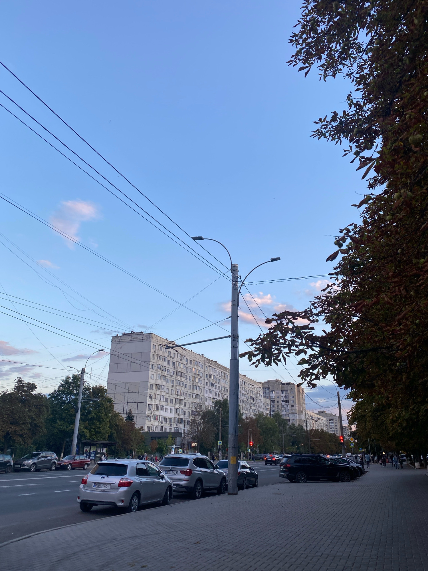 This is a medium-angle, eye-level shot of a wide, paved street in Chișinău, Moldova, at dusk. A line of parked cars, including a silver hatchback with the license plate "NSX 305," a silver SUV, and a black SUV, are visible along the right side of the street. The sidewalk is made of gray paving stones. Tall, residential apartment buildings with multiple windows line the street. Overhead, a complex network of electrical wires crisscrosses the sky, supported by tall poles that also hold streetlights. Trees with autumn foliage are visible on the left side of the street and framing the right side of the image. The sky is a pale blue with a few wispy clouds and hints of pink from the setting sun. Pedestrians are sparsely scattered on the sidewalk in the distance. The overall scene depicts a typical urban streetscape in the city.