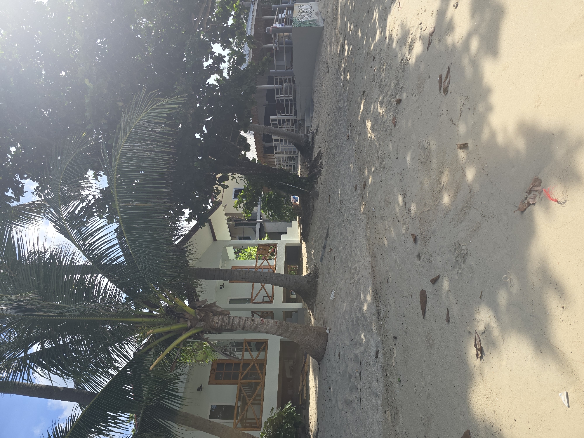 This image depicts a tropical beach scene in Baan Lamai, Thailand. The foreground is dominated by a sandy beach with scattered dry leaves and shadows from overhead trees. In the midground, two white, bungalow-style buildings with wooden balconies and railings are visible, surrounded by palm trees and leafy trees. One building has a wooden door and windows with wooden frames. Further in the background, another structure with a thatched roof and open-air seating area, likely a restaurant or bar, is situated. The scene is bathed in sunlight, suggesting it is daytime.