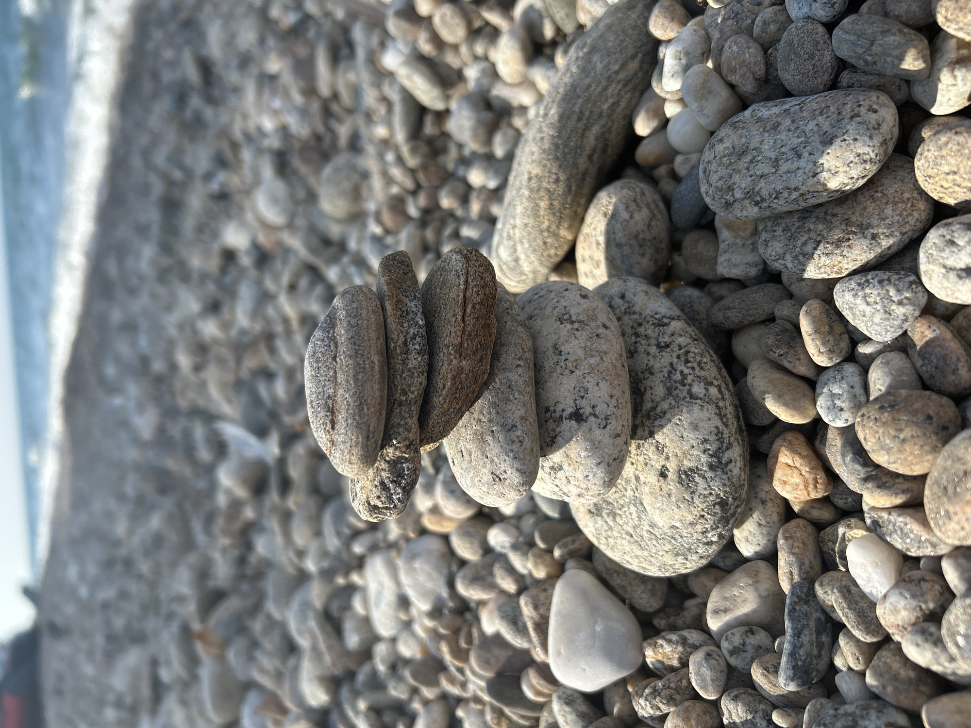 A close-up, eye-level, vertical shot features a stack of five smooth, grey and brown stones balanced on a pebble-strewn beach. The stones are weathered and have distinct lines and textures. The background is softly focused, showing the continuation of the pebble beach stretching towards the ocean, where gentle waves are breaking under a bright, hazy sky. The scene is devoid of any people or specific landmarks of Tolbazikha, Russia. The lighting suggests it is daytime.