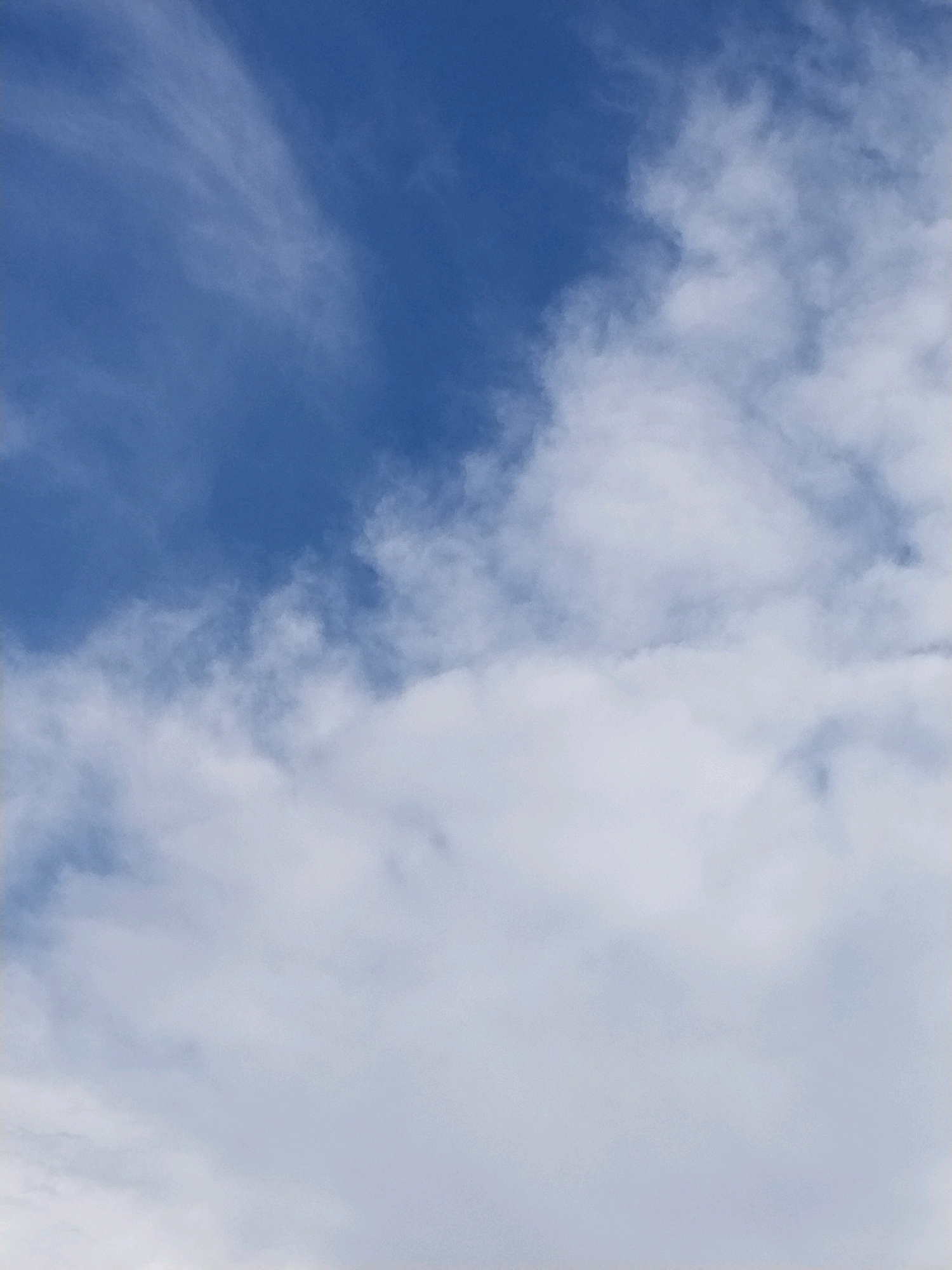 The image is a close-up shot of a blue sky with scattered clouds. In the upper left portion of the image, there are thin, wispy cirrus clouds stretching across a deep blue sky. The rest of the image is filled with larger, more voluminous cumulus clouds, which appear white and fluffy. The clouds are dense in the lower half of the frame, creating a bright, overcast effect. There are no people, objects, or discernible landmarks visible in the image, suggesting it is a photograph taken from an open area, such as a field or a rooftop, with a focus solely on the sky. The image lacks any specific visual cues that would indicate its location within the city of Hrodna, Belarus, or any other specific geographical area.