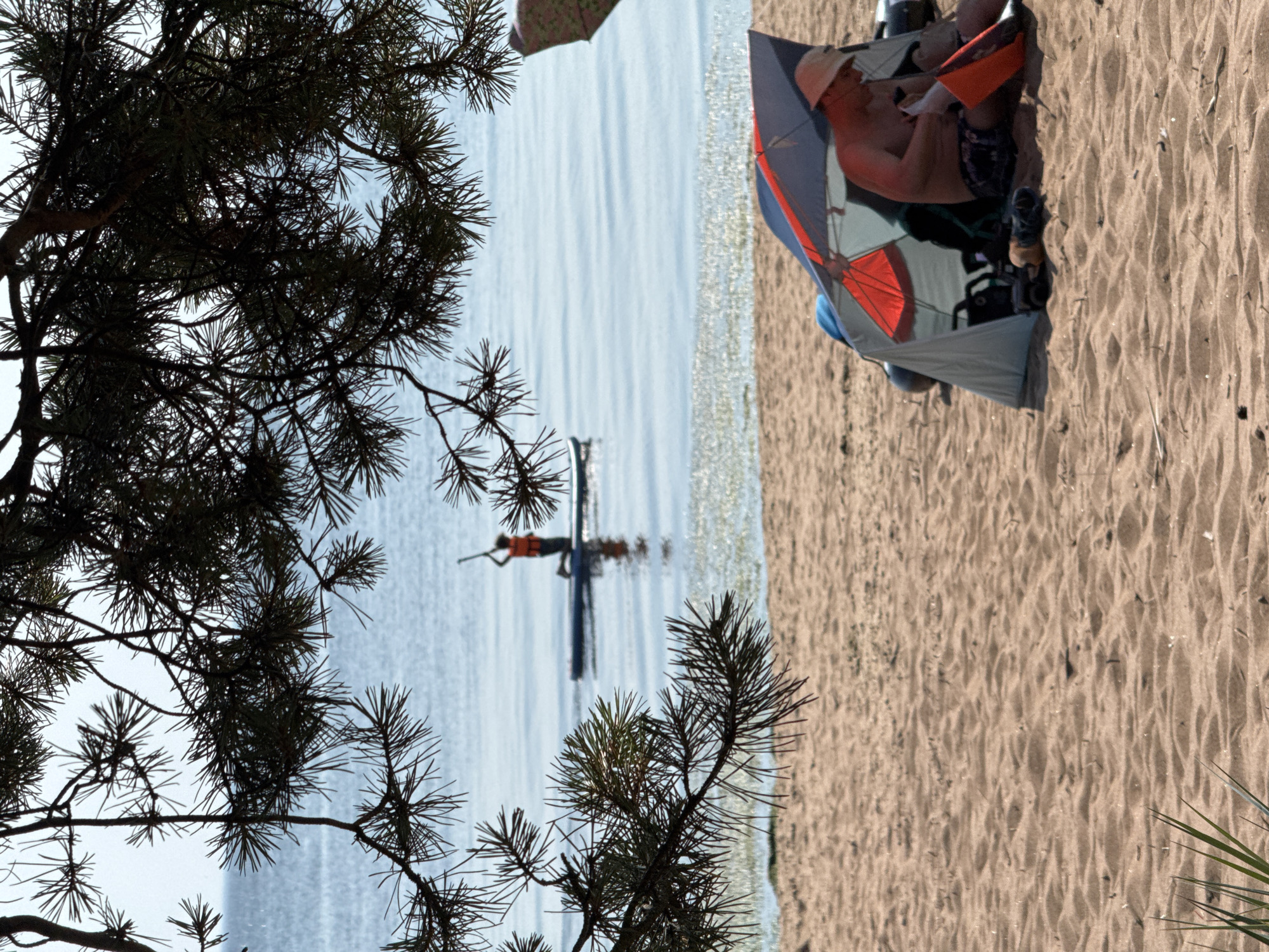 An outdoor, daytime, eye-level shot captures a section of the sandy beach at Zelenaya Roshcha, Russia. In the foreground, a man in a light-colored hat and patterned swim trunks sits under a beach shelter. He is holding an item in his hands. A partially visible orange bag is to his right. The beach is made of fine, light-brown sand, with some scattered debris. In the middle ground, a person wearing an orange life vest kneels on a paddleboard on the calm, blue water. Pine branches frame the top of the image, obscuring a portion of the sky and water.