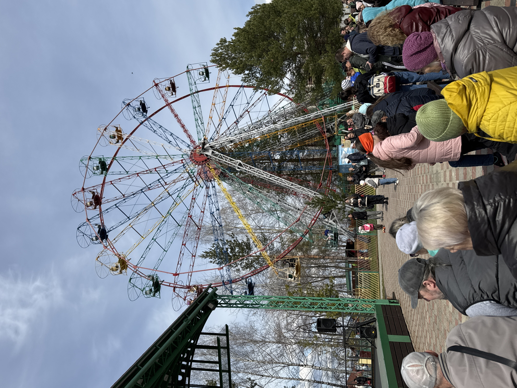 This image, which appears to be rotated ninety degrees clockwise, depicts a bustling outdoor scene at an amusement park, likely in Chaikovsky, Russia. The central focus is a large, vibrant Ferris wheel with a multi-colored structure of red, blue, yellow, and green elements. Many of its individual gondolas, some occupied by people, are visible against an overcast, light grey sky. A dense evergreen tree and several bare deciduous trees are interspersed behind and around the Ferris wheel, suggesting a cool season, possibly early spring or late autumn.
In the foreground and extending into the midground, a considerable crowd of people is gathered. Most individuals are seen from behind, facing away from the viewer, implying they are queuing or watching an event. They are dressed in warm attire, including heavy jackets, knit hats (such as a light green and a purple one), and scarves, consistent with the cool weather indicated by the bare trees. Notable jackets include bright yellow, pink, and various muted tones.
The ground where the crowd stands is paved with reddish-brown brick pavers. Green metal support structures, possibly part of another ride or stage rigging, are visible on the left and in the mid-ground, along with what appear to be outdoor speakers. A small bird can be spotted high in the sky in one of the zoomed-in sections. No legible text is discernible within the frame. The overall atmosphere is one of lively public activity at a fairground or park.