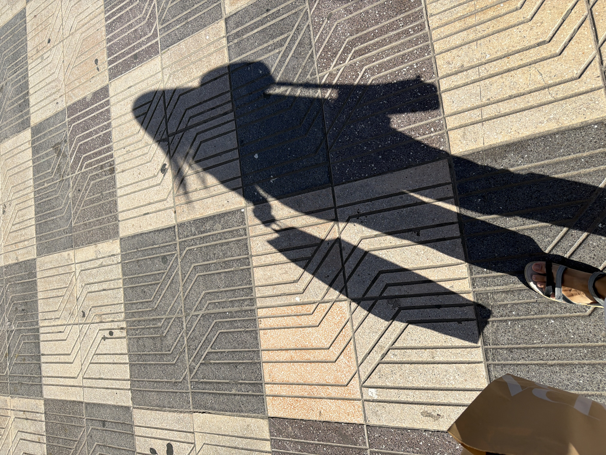 A shadow of a person, seen from a low-angle perspective, is cast on a checkered sidewalk. The shadow shows the person's head and shoulders, as well as a long shadow of an object they are carrying, likely a bag or a stick. The person is wearing sandals, with one foot visible in the lower left corner of the image. The sidewalk is made of square tiles with a geometric pattern, alternating between light and dark colors, with some tiles having a speckled texture. The sun is casting long shadows, indicating it is either early morning or late afternoon. The environment appears to be an outdoor urban setting.