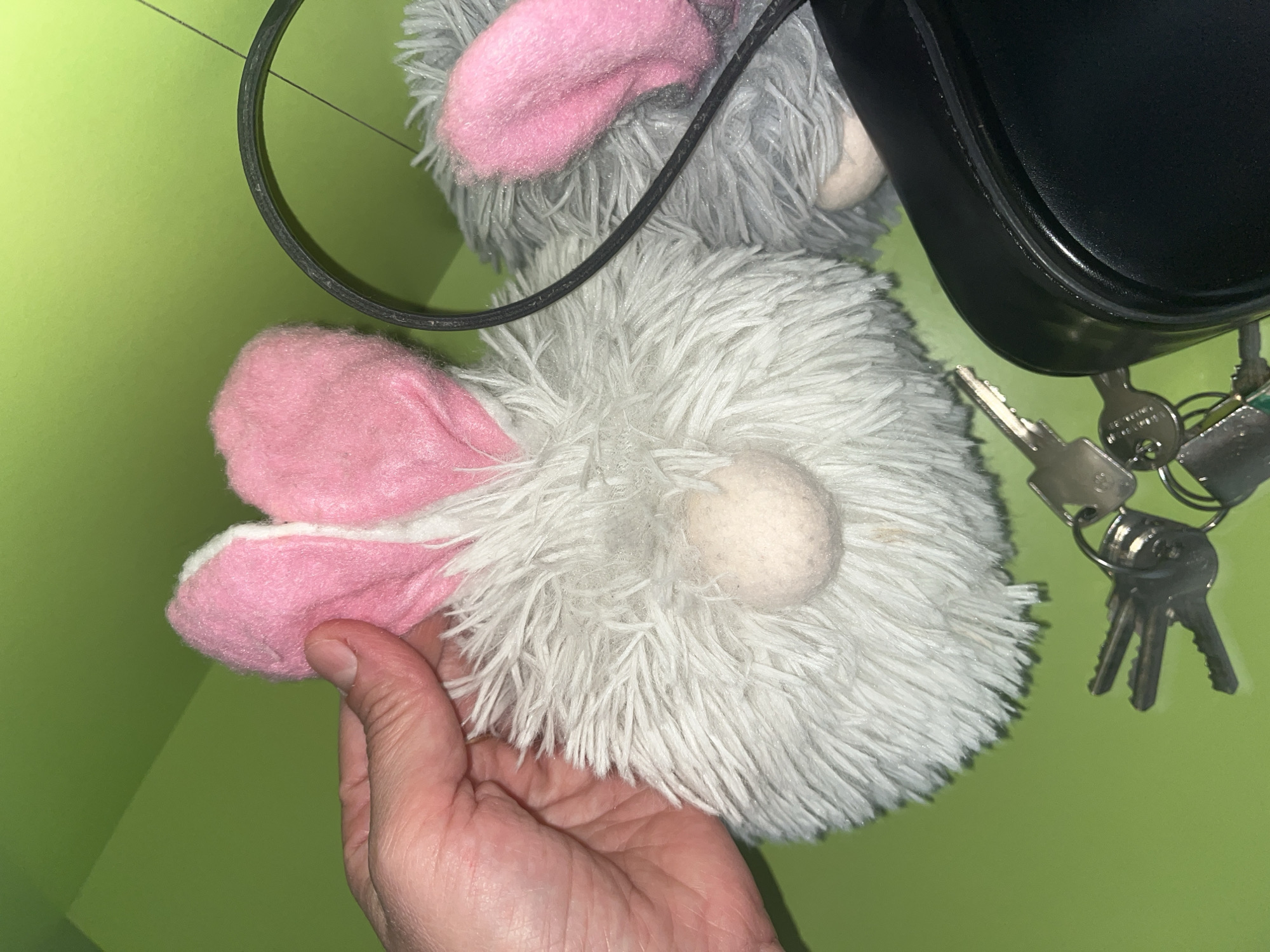 The image depicts a stuffed animal, possibly a rabbit or mouse, with grey and white fur and pink ears. The toy is being held in a person's hand. A black bag and a set of keys are also visible in the frame. The background is a plain green wall. The location is Unknown, Unknown.
