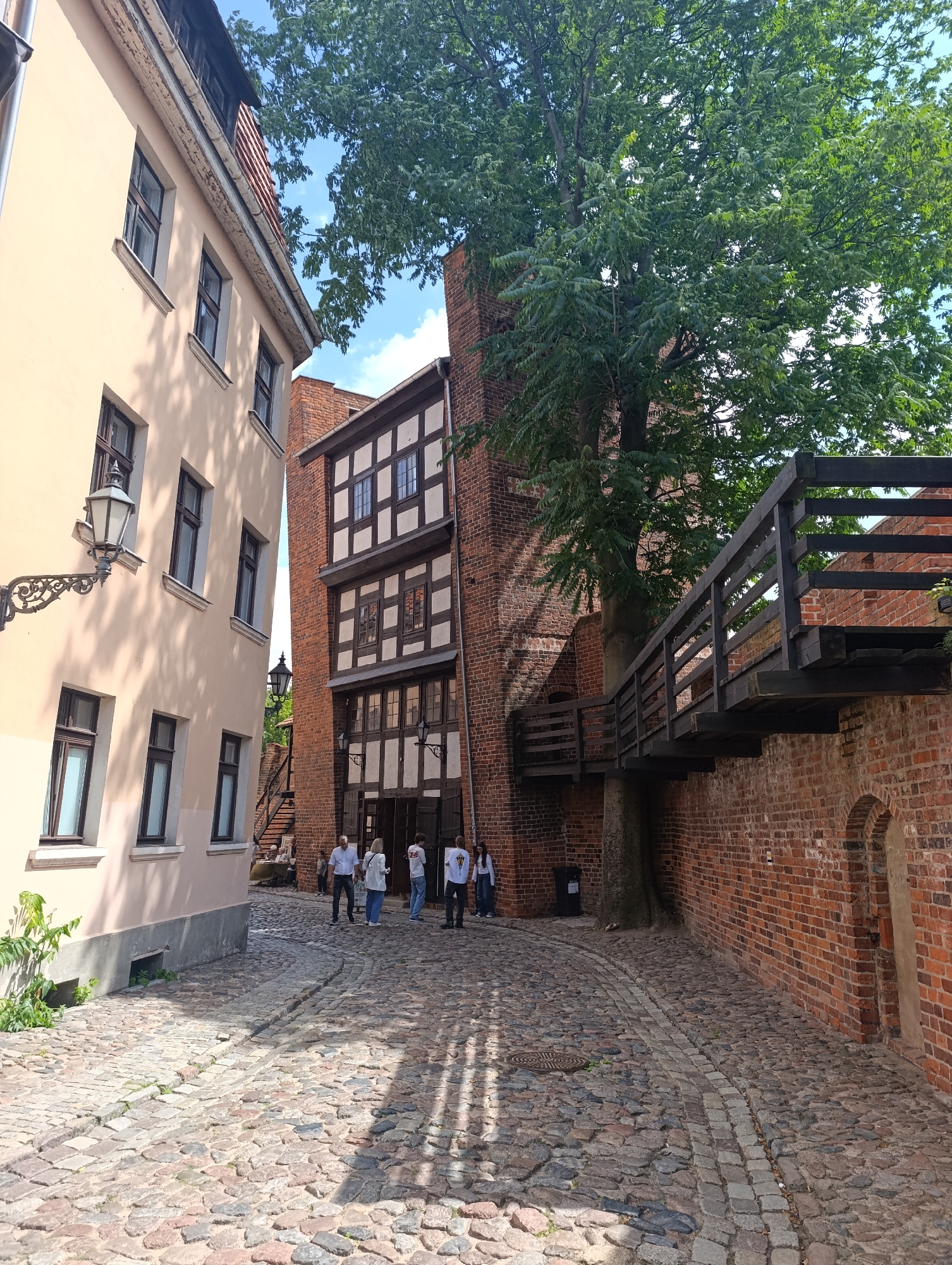 The image depicts a cobblestone street in the city of Toruń, Poland, possibly within the historic Old Town. On the left, a light-colored building with multiple windows and an ornate street lamp is visible. To the right, a historic brick building with timber-framing is present, featuring several windows. A wooden walkway or bridge extends from the brick building over the street, supported by a large tree. A group of people, appearing to be tourists, are walking on the street and standing near the entrance of the brick building. The sky is clear and blue with some clouds. The scene is illuminated by sunlight, casting shadows on the cobblestone street.