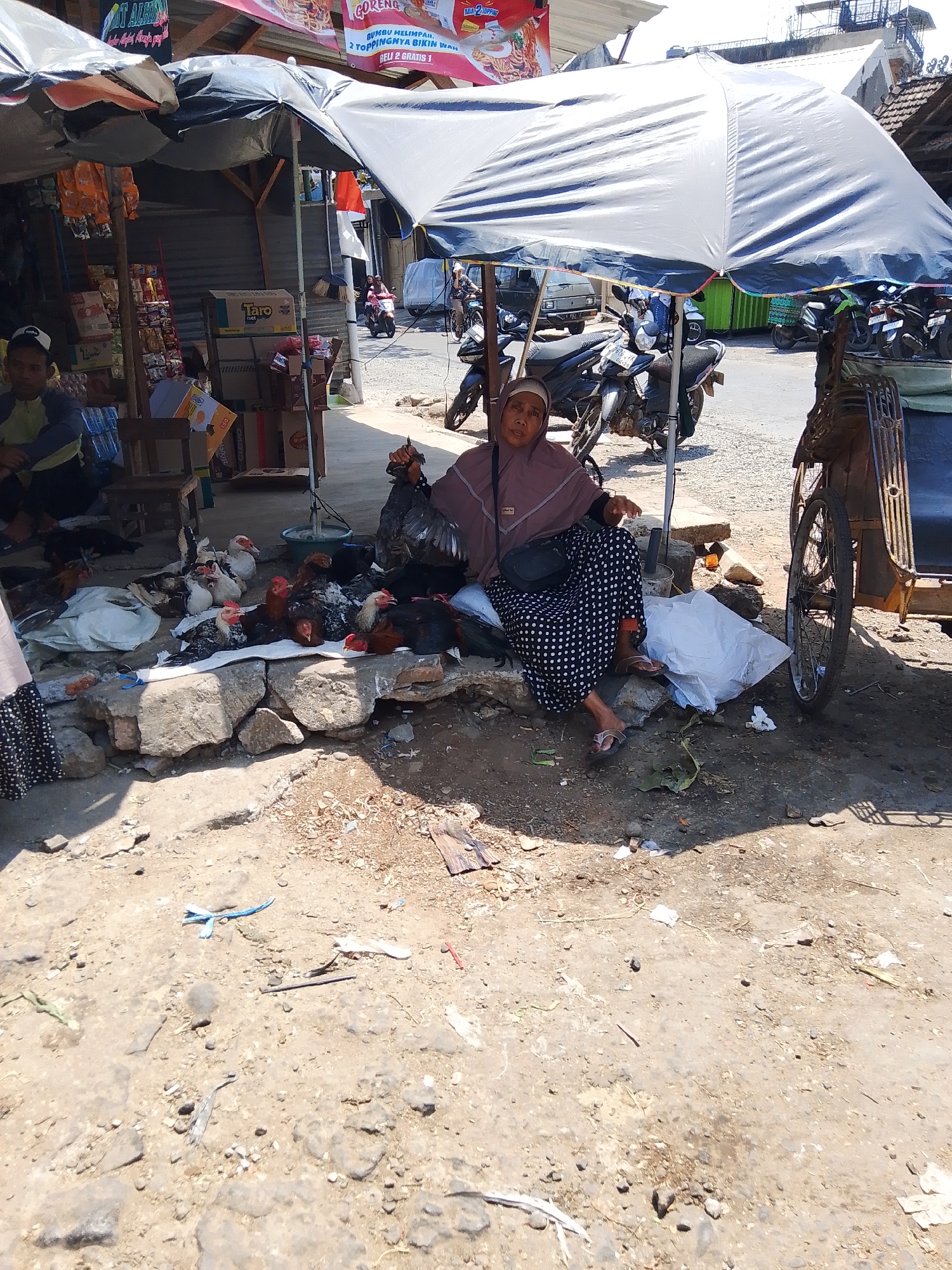 A woman wearing a hijab and a patterned dress sits on the ground in front of a stall in Gedangan, Indonesia. She is surrounded by live chickens and ducks, which are lying on white fabric. Behind her, motorcycles and a bicycle-rickshaw are parked under a large tarp. The ground is dirt and littered with debris. The scene appears to be a street market.