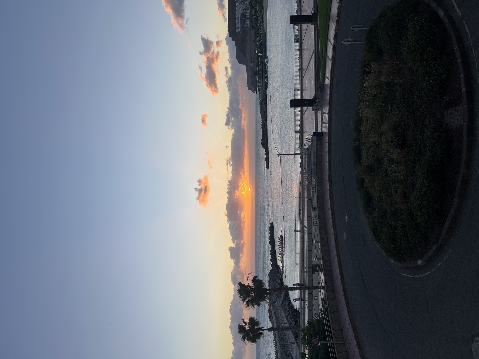 The image captures a serene sunset scene in Mogán, Spain. A coastline stretches across the frame, with palm trees silhouetted in the foreground. The sun, partially obscured by clouds, casts a warm glow on the water. A paved walkway runs alongside the water, bordered by a railing and greenery. Buildings are visible in the distance. A road curves to the right of the frame.