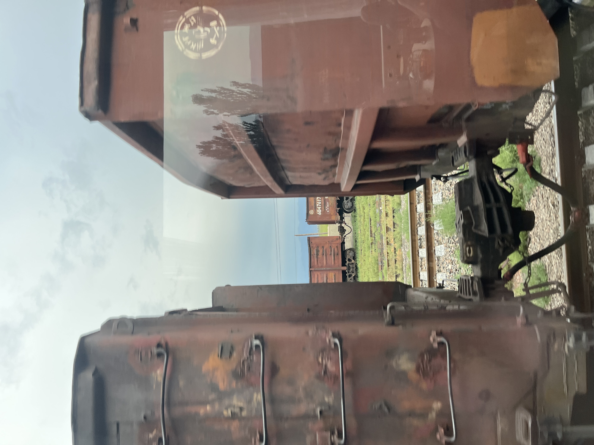 The image shows a view from inside a train compartment looking out at other train cars and the surrounding environment. In the foreground, two large, weathered, red-brown train cars are visible, one on the left and one on the right, partially obscuring the view. The car on the left is closer and its side is prominent, showing signs of rust and wear. The car on the right is slightly further away and its side is also visible, reflecting the sky and trees.
Beyond these foreground cars, on the tracks, are more train cars. One of these cars, visible in the middle ground, is also red-brown and has the number "6047617" printed on its side. Other train cars can be seen further down the tracks. The tracks themselves are laid out on ballast, with green grass and vegetation growing alongside them. In the background, there are power lines and a hazy, overcast sky with some clouds. The overall scene depicts a train yard or a stretch of railway line. The location is identified as Balykchy, Kyrgyzstan. The image captures a mundane, industrial landscape, typical of a transportation hub in a Central Asian setting. There are no people or animals visible in the image. The lighting suggests it is daytime, possibly overcast or late afternoon.