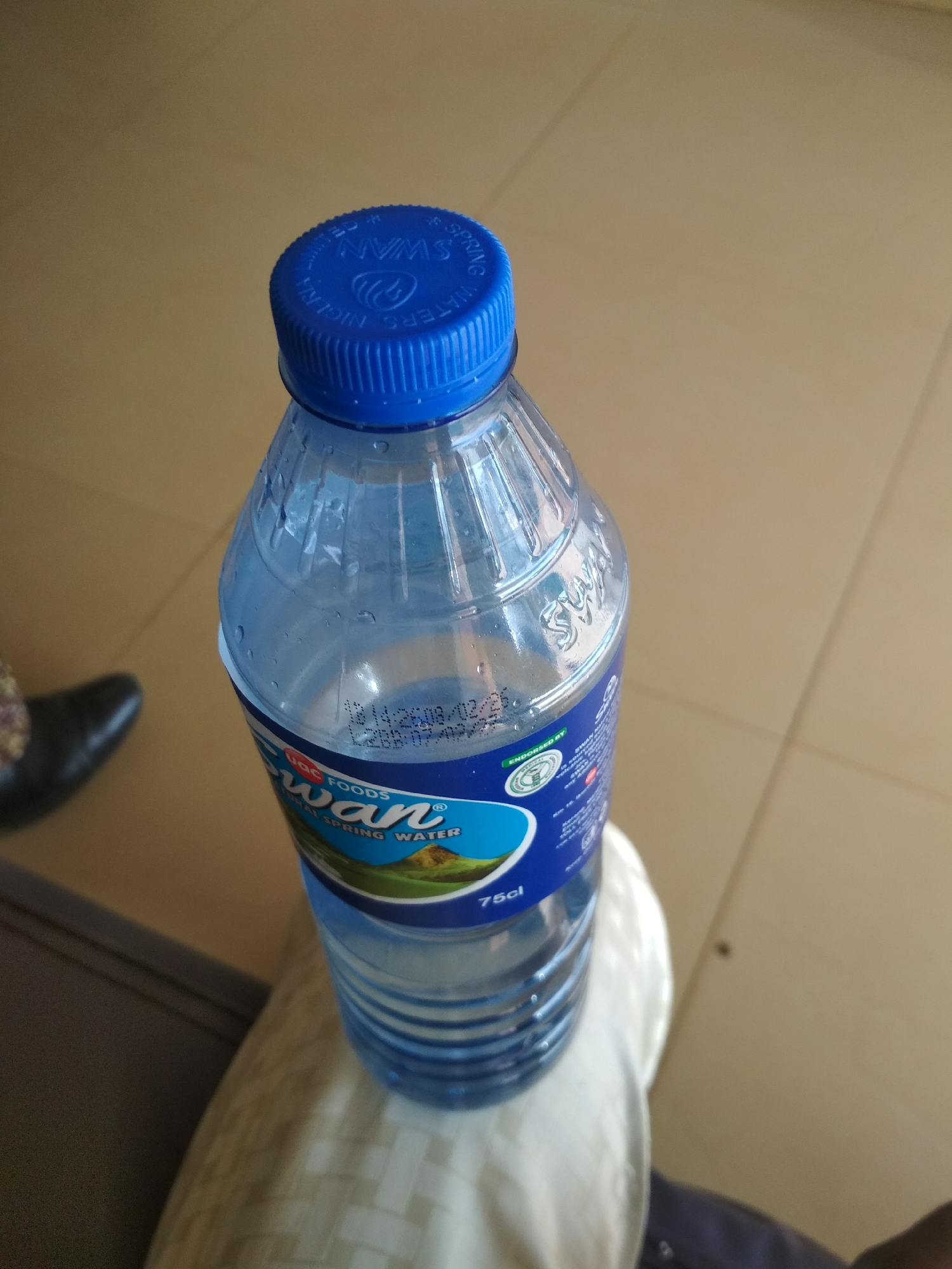 A plastic bottle of Swan Natural Spring Water is the central subject of this image, resting on a person's lap in an indoor setting in Barakin Sabawa, Nigeria. The bottle features a vibrant blue screw-on cap, embossed with text including "SWAN," "WATERS," "NIGERIA," and "SPRING." The transparent plastic body of the bottle holds clear water and shows some condensation or water droplets on its surface.
The bottle's label is predominantly blue and white, displaying "UAC FOODS" at the top and the brand name "Swan" with a swan icon. Below this, "NATURAL SPRING WATER" is clearly stated. A green circular logo accompanies "ENDORSED BY," which, given the location, likely refers to NAFDAC. The volume "75cl" is also printed on the label. Near the top of the bottle, partially obscured but visible, is the date or batch code "18 14 26/08/26," suggesting an expiry or manufacturing date of August 26, 2026, possibly with a time stamp of 18:14.
The bottle rests on light-colored, possibly cream-colored fabric with a subtle pattern, indicating it is on a person's lap. A dark, polished, pointed-toe shoe belonging to the same individual is visible in the bottom left corner of the frame. The background consists of a plain, light brown or tan floor, suggesting an indoor environment like an office, waiting area, or home. There is no specific activity taking place other than the bottle being at rest. The image captures a static moment without any discernible time of day or specific weather conditions.