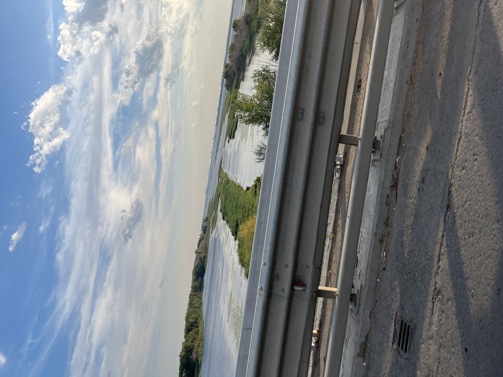 This is a landscape photograph taken from a bridge, looking out over a wide river. The river is bordered by green vegetation and trees on both sides, with a distant city skyline visible on the horizon. The sky is blue with scattered white clouds, and the overall lighting suggests it is late afternoon or early evening. In the foreground, a metal guardrail runs horizontally across the image, and the asphalt surface of the bridge is visible below. There is a drain grate on the bridge surface. The image is in focus and appears to be taken with a handheld camera. The specific location of Shumeika, Russia, is not evident from the visual information in the image itself, but can be assumed as stated. There are no people or animals visible in the scene.