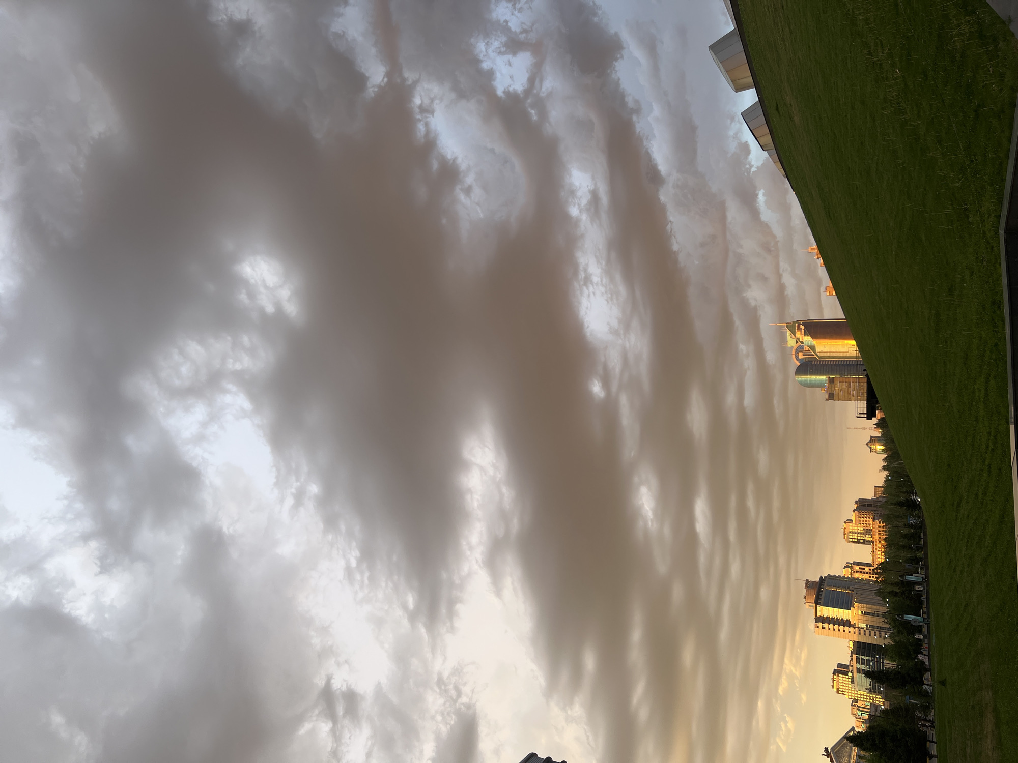 The image captures a dramatic cityscape under a dynamic sky, seemingly at either sunrise or sunset, given the warm, golden light. The perspective suggests a low-angle shot looking across a landscape.
In the foreground, a prominent feature is a vast expanse of vibrant green grass, forming a steep, perhaps artificial, slope or roof on the right side of the frame. Along the upper edge of this grassy area, architectural elements with light-colored facades are visible.
The left side of the image features a modern urban skyline. Several skyscrapers and buildings, many with reflective glass surfaces, stand tall, catching the intense golden sunlight, which makes them glow. Trees are interspersed among the buildings, adding greenery to the urban environment.
The sky is the most striking element, filled with an intricate pattern of layered clouds. Many clouds appear dark and heavy, suggesting significant atmospheric activity, possibly pre-storm conditions. However, pockets of lighter sky and the warm, golden glow from the setting or rising sun illuminate the undersides and edges of some clouds, creating a stark contrast. The clouds exhibit wavy, streaky formations, resembling undulatus asperatus clouds, adding to the dramatic and awe-inspiring atmosphere.
No specific activity or people are visible. The scene is a static landscape showcasing a modern city's architecture against a powerful natural backdrop. No visible text is present. The golden light and complex cloudscape create a sense of grandeur and natural beauty over the urban setting, characteristic of Astana, Kazakhstan.