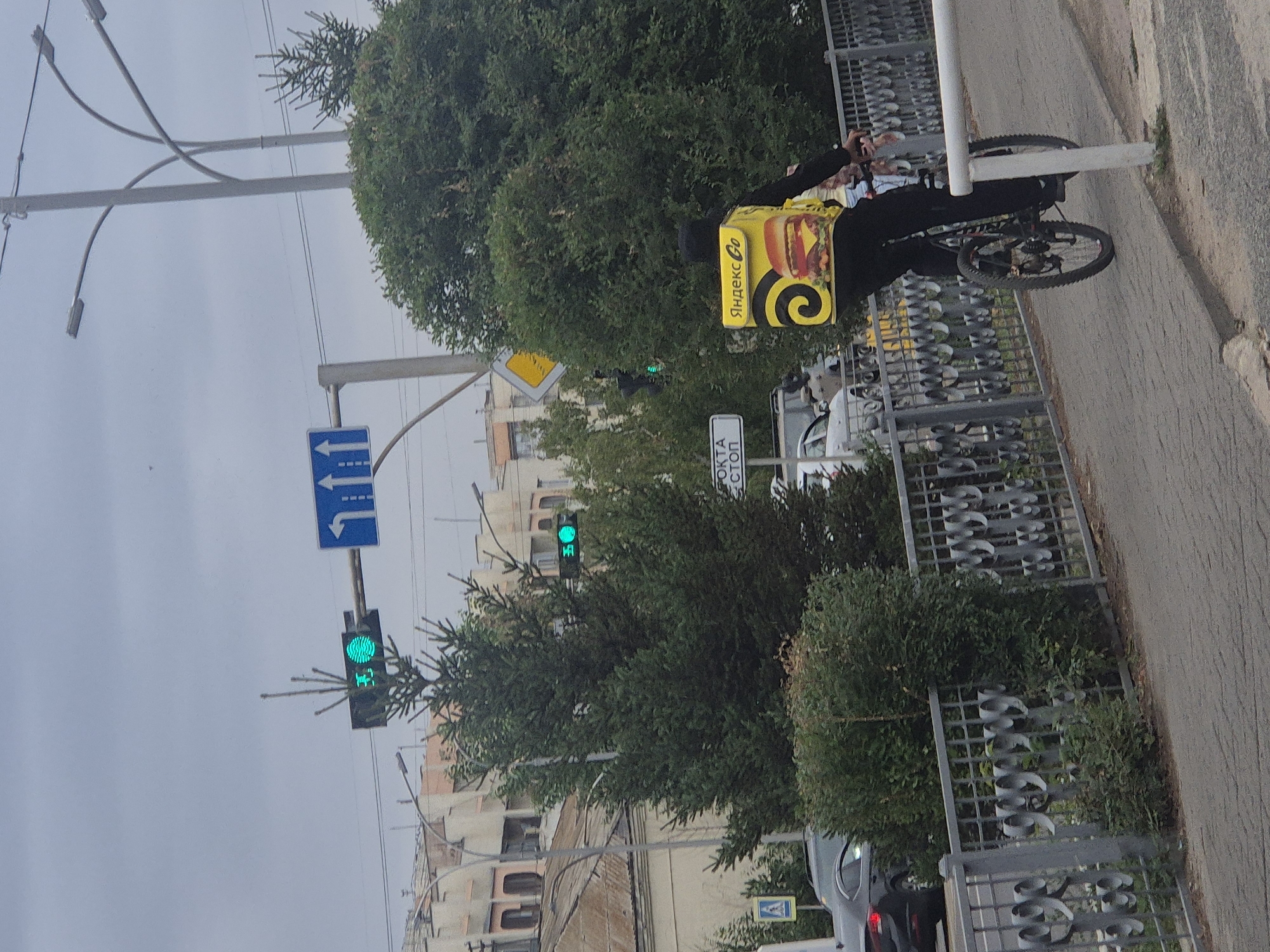 In Kokshetau, Kazakhstan, on a cloudy day, a person is cycling on a paved path. The cyclist is wearing black pants and a black long-sleeved shirt, with a yellow delivery bag on their back. The bag features the "Yandex Go" logo and an image of a burger. The cyclist is riding a bicycle with black tires and a black frame. In the background, there is a gray metal fence with an ornate design. Beyond the fence, lush green trees and bushes are visible, along with buildings and streetlights. Traffic lights are also present, with one showing a green light. A street sign that reads "ПОКНА СТОП" is also visible. The scene appears to be an urban environment.