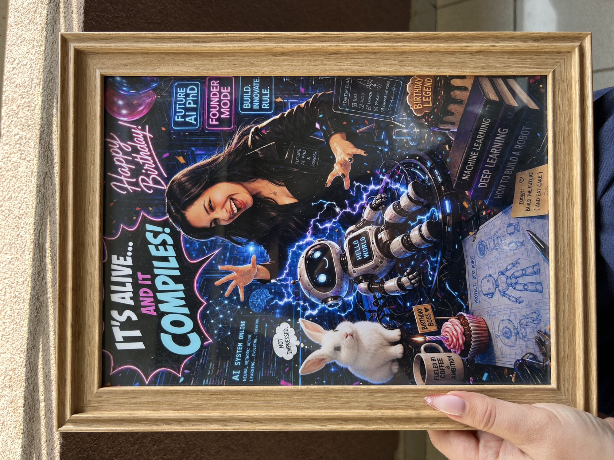 A framed digital illustration is held up by a person's hand in the foreground. The illustration is a vibrant and dynamic depiction of a woman with dark hair, wearing a black leather jacket, laughing and gesturing with her hands. She appears to be a scientist or tech entrepreneur, surrounded by elements related to artificial intelligence and robotics.
Key visual elements within the illustration include:
* **Text:** Prominent text reads "IT'S ALIVE... AND IT COMPILES!" in bold, colorful lettering, and "Happy Birthday!". Other text includes "FUTURE AI PhD", "FOUNDER MODE", "BUILD. INNOVATE. RULE.", "AI SYSTEM ONLINE", "NEURAL NETWORK: ACTIVE", "LEARNING...EVOLVING...THINKING.", "NOT IMPRESSED.", "FUTURE AI PhD & FOUNDER", "STARTUP PLAN" with checkboxes for "IDEA", "BUILD", "LAUNCH", "DISRUPT", "CHANGE THE WORLD", "BIRTHDAY BOSS", "TODAY: BUILD THE FUTURE (AND EAT CAKE)", and titles of books: "MACHINE LEARNING", "DEEP LEARNING", "HOW TO BUILD A ROBOT".
* **Subjects:** A smiling white rabbit is seated to the left of the frame, a robot with a screen displaying "HELLO WORLD" is in the center, and a stylized rocket ship is depicted on a startup plan.
* **Objects:** A coffee mug with text, a cupcake with a lit candle, a stack of books, blueprints for robots, and various technological components are visible.
* **Environment:** The background is dark, with electric blue lightning effects, a network of digital nodes, and confetti. Two balloons, one purple and one blue, are in the upper right corner.
* **Framing:** The illustration is enclosed in a light-colored wooden frame.
The person's hand holding the frame has manicured fingernails with a light pink polish. The background behind the framed illustration is a textured surface, possibly a wall or ground, with a shadow cast across it, suggesting an outdoor or well-lit indoor environment.
The image does not contain any information that places it in the city of Sofia, Bulgaria.