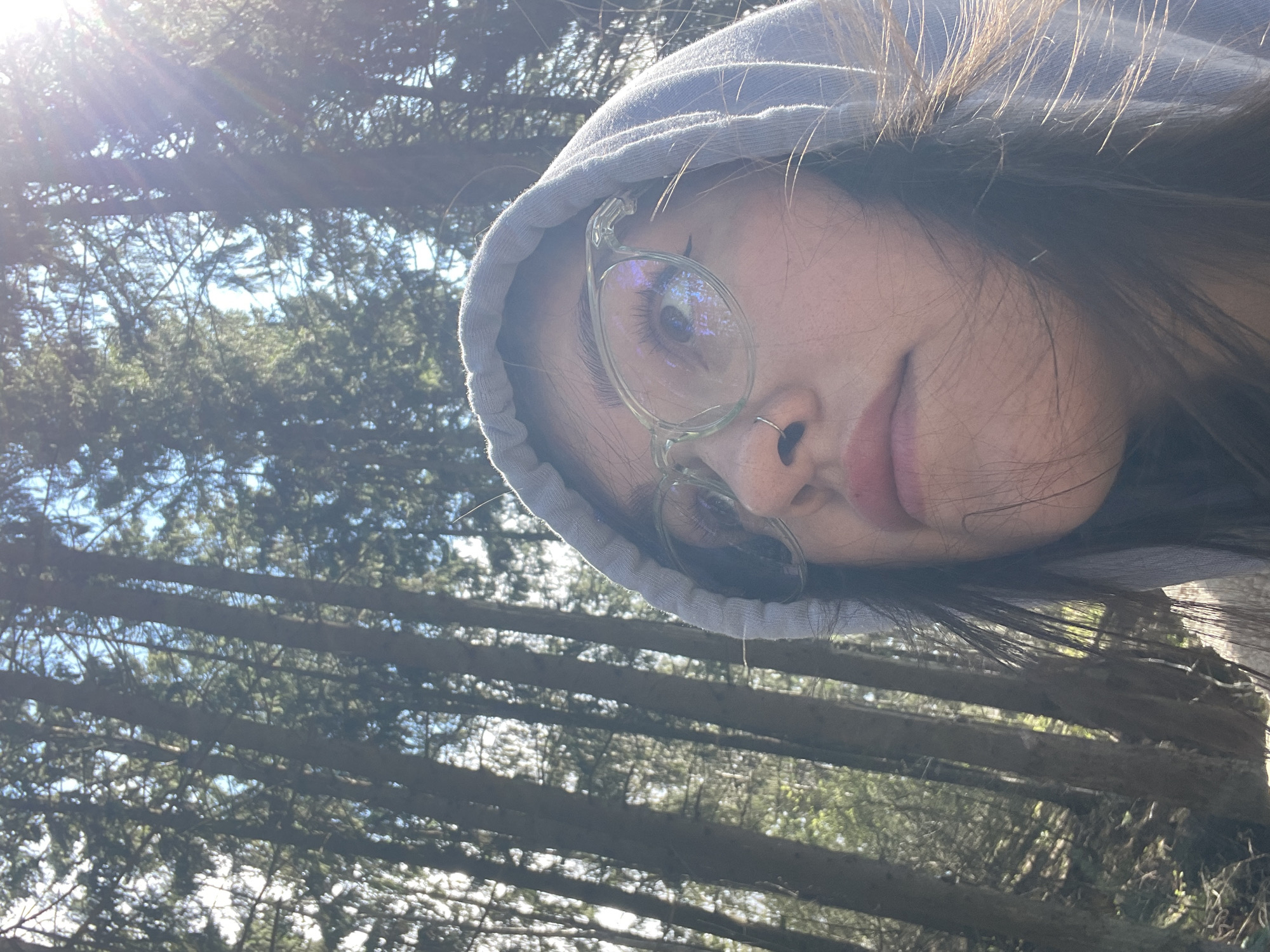 This is a sunlit, close-up portrait of a person outdoors, likely in a forest or wooded area in Izhevsk, Russia. The image is oriented with a 90-degree clockwise tilt, placing the subject's face diagonally across the frame from the top right.
The subject, appearing to be a young individual, is wearing a light grey hooded sweatshirt. Her dark hair peeks out from under the hood. She has clear-framed glasses, which intensely reflect the bright sky and tree canopy, along with prominent sun flares. A small silver nose ring adorns her right nostril. Her right eye is open, looking towards the viewer, and her mouth forms a subtle, content smile.
The background is dominated by numerous tree trunks that run horizontally across the lower and middle portions of the image, indicating a dense forest. Beyond the trunks, lush green tree foliage is visible against a bright blue sky. Strong sunlight streams from the upper left, creating lens flares and bright reflections, suggesting a clear and sunny daytime. The overall impression is one of calm and natural beauty. No visible text is present.