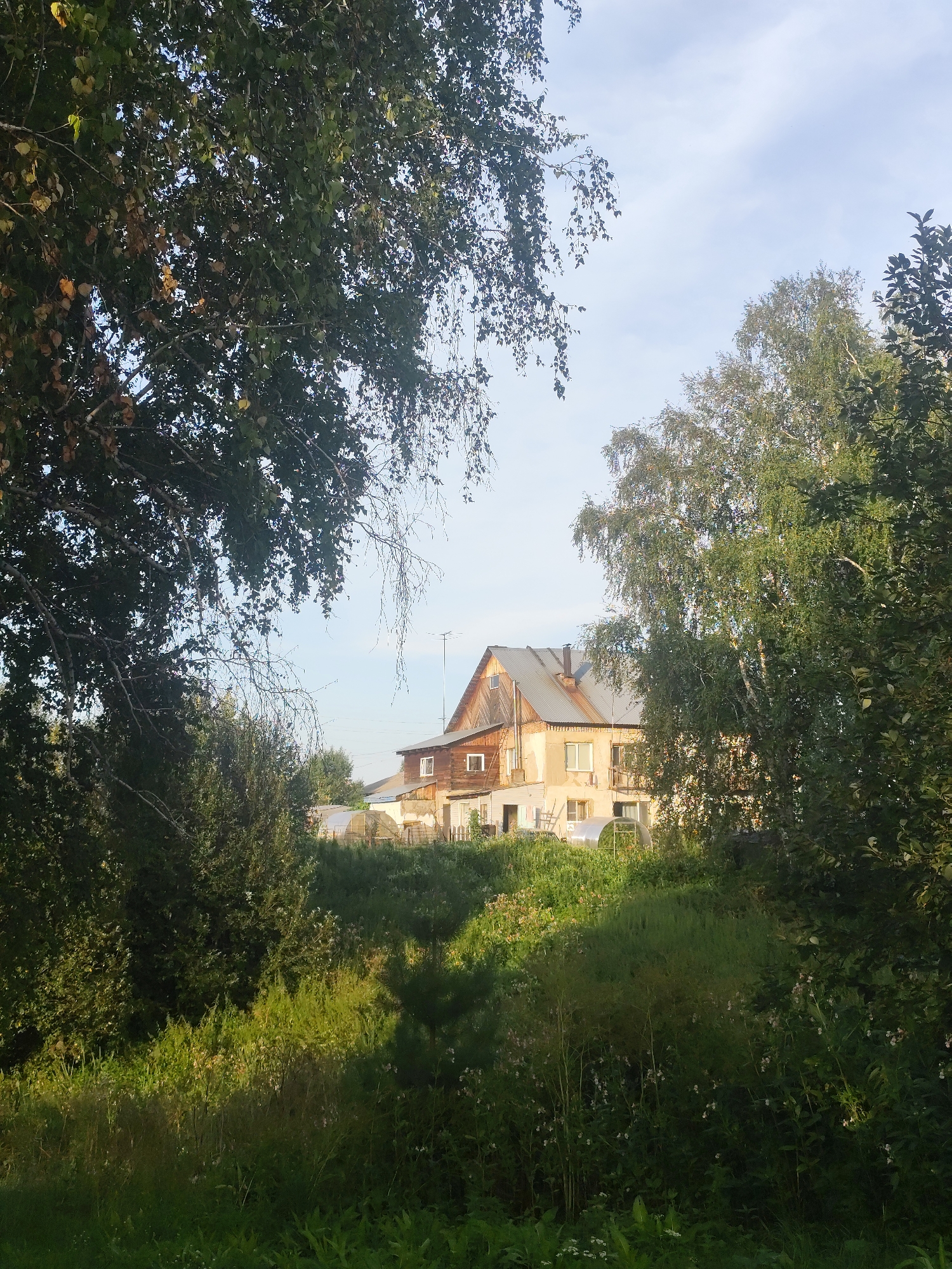 The image shows a rural landscape with a two-story house in the background. The house appears to be made of brick and wood, with a gabled roof. There are several windows on both floors, and a chimney is visible. The house is surrounded by lush green vegetation, including trees and tall grass. In the foreground, there is a dense area of greenery with some wildflowers. The sky is light blue with some wispy clouds, suggesting it is daytime. A greenhouse structure is visible near the house, along with some laundry hanging outside. The overall scene depicts a quiet, rustic setting, likely in a village or countryside. The location is identified as Barlaksky, Russia. There are no people visible in the image.