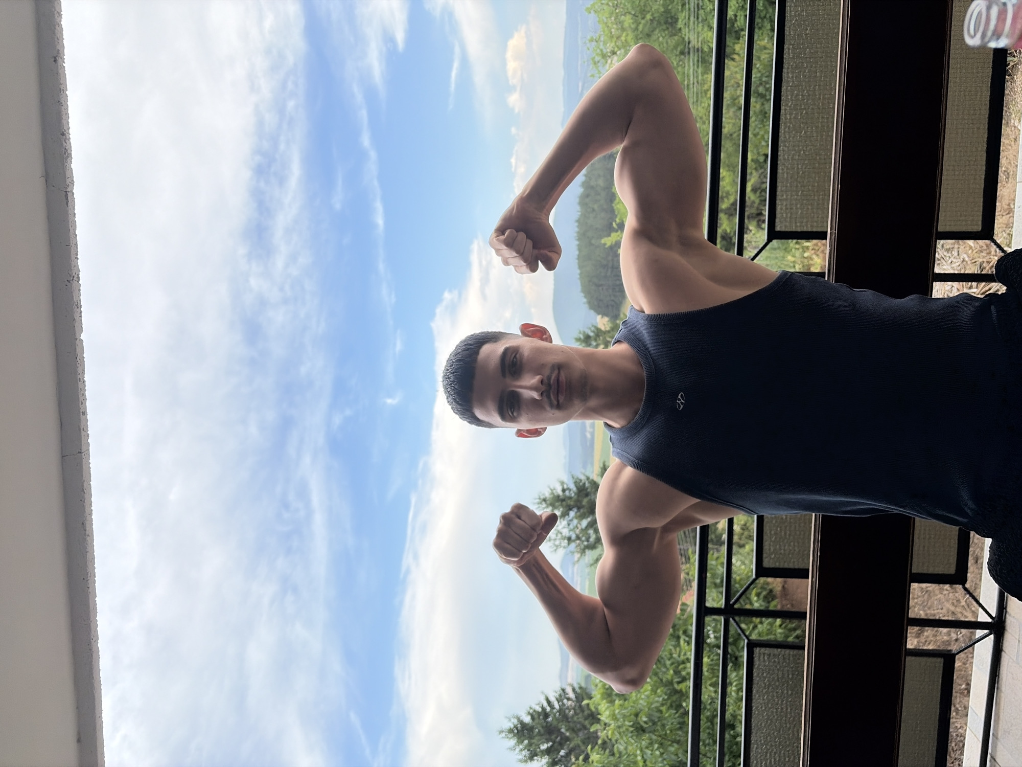 A young man with short dark hair and a mustache stands on a balcony, flexing his biceps. He is wearing a dark blue sleeveless shirt and dark pants. The background shows a lush green landscape with rolling hills and a blue sky with scattered clouds. The balcony has a dark railing and a dark wooden surface. The location is identified as Vladislavtsi, Bulgaria.
