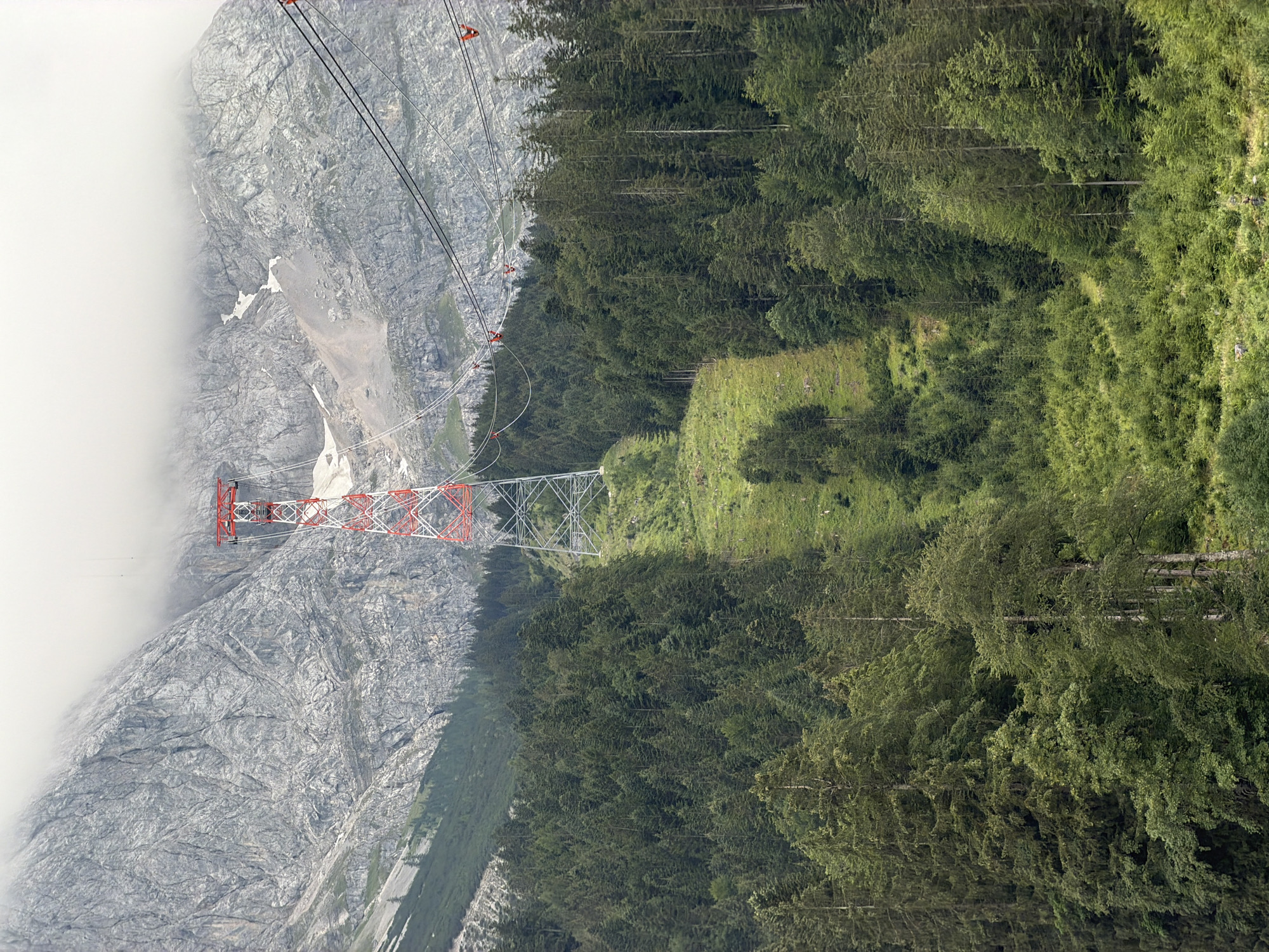 An overcast day frames a towering red and white lattice pylon supporting a ski lift cable in the Bavarian Alps near Grainau, Germany. The pylon stands prominently on a steep, grassy slope partially cleared of trees, with a dense coniferous forest dominating the lower and middle sections of the mountain. The upper reaches of the mountain are shrouded in thick fog, with rocky outcrops and patches of snow visible through the mist. The ski lift cables stretch across the frame, attached to distant pylons barely discernible through the fog. The scene conveys a sense of rugged natural beauty and the presence of human infrastructure designed to navigate the mountainous terrain.
