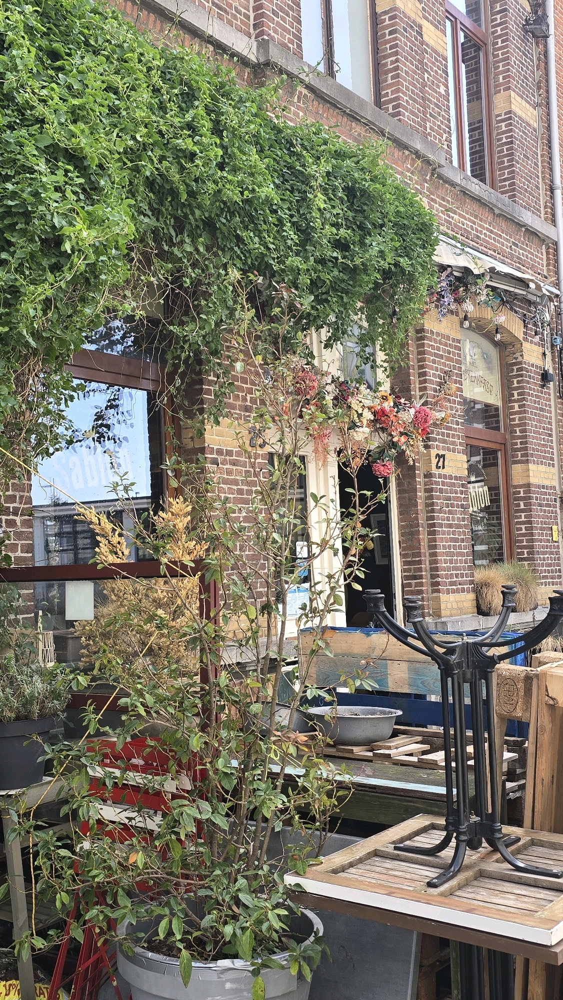 The image depicts the exterior of a building on a street in Antwerp, Belgium. The building features a brick facade and large windows. Green foliage, likely a vine, covers a significant portion of the upper part of the building and drapes down over the entrance area. In front of the building, there are several potted plants, some dry and some green. A metal table base is visible, along with wooden crates and other materials suggesting an outdoor seating or storage area. A sign on the building reads "UNION", and the number "27" is visible near an entrance. The scene appears to be a commercial establishment, possibly a cafe or shop, with an outdoor setup.