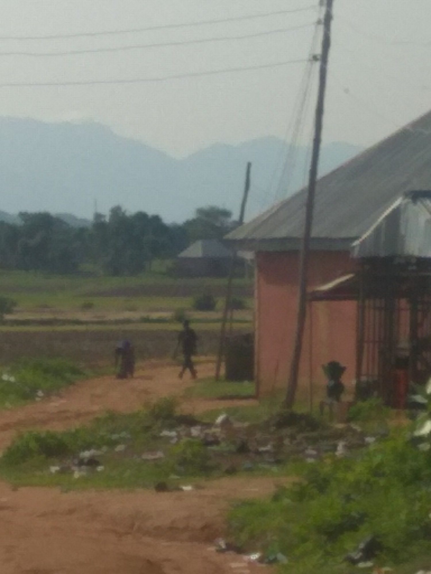 The image depicts an outdoor scene in Jalingo, Nigeria. In the foreground, a dirt path is visible, with scattered debris and patches of green vegetation. Two individuals are walking on the path. One person, appearing to be female, is bent over, and the other, a male, is walking upright. In the mid-ground, there are agricultural fields or cleared land with some scattered trees and bushes. A building with a corrugated metal roof and pink walls is partially visible on the right side of the image, with a fence structure in front of it. In the background, a distant mountain range is silhouetted against a hazy sky. A utility pole with multiple wires runs vertically through the image. The overall impression is one of a rural or semi-urban environment.
