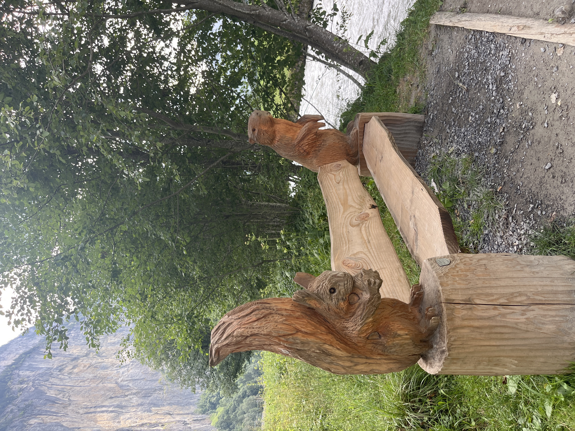 The image depicts a wooden bench with two carved wooden animal figures, a squirrel and a marmot, positioned on either side of the bench. The squirrel is on the left, carved from a tree stump, and the marmot is on the right, also carved from a tree stump. Both figures are intricately detailed, showcasing their fur texture and features. The bench itself is made of rough-hewn wood, with a natural, rustic appearance.
The scene is set in an outdoor environment, characterized by lush green vegetation, trees, and a flowing river in the background. A towering, steep cliff face dominates the left side of the image, likely a scenic backdrop. The ground around the bench is a mix of soil and gravel. The lighting suggests it is daytime, with sunlight filtering through the leaves of the trees.
The image was captured in Wengen, Switzerland. Specifically, this bench is located near the Staubbach Falls in the Lauterbrunnen Valley, a picturesque area known for its dramatic cliffs and waterfalls. The presence of the carved animals adds a charming, whimsical touch to the natural beauty of the Swiss Alps. There are no people or animals present in the image, and no discernible actions or interactions are taking place.
