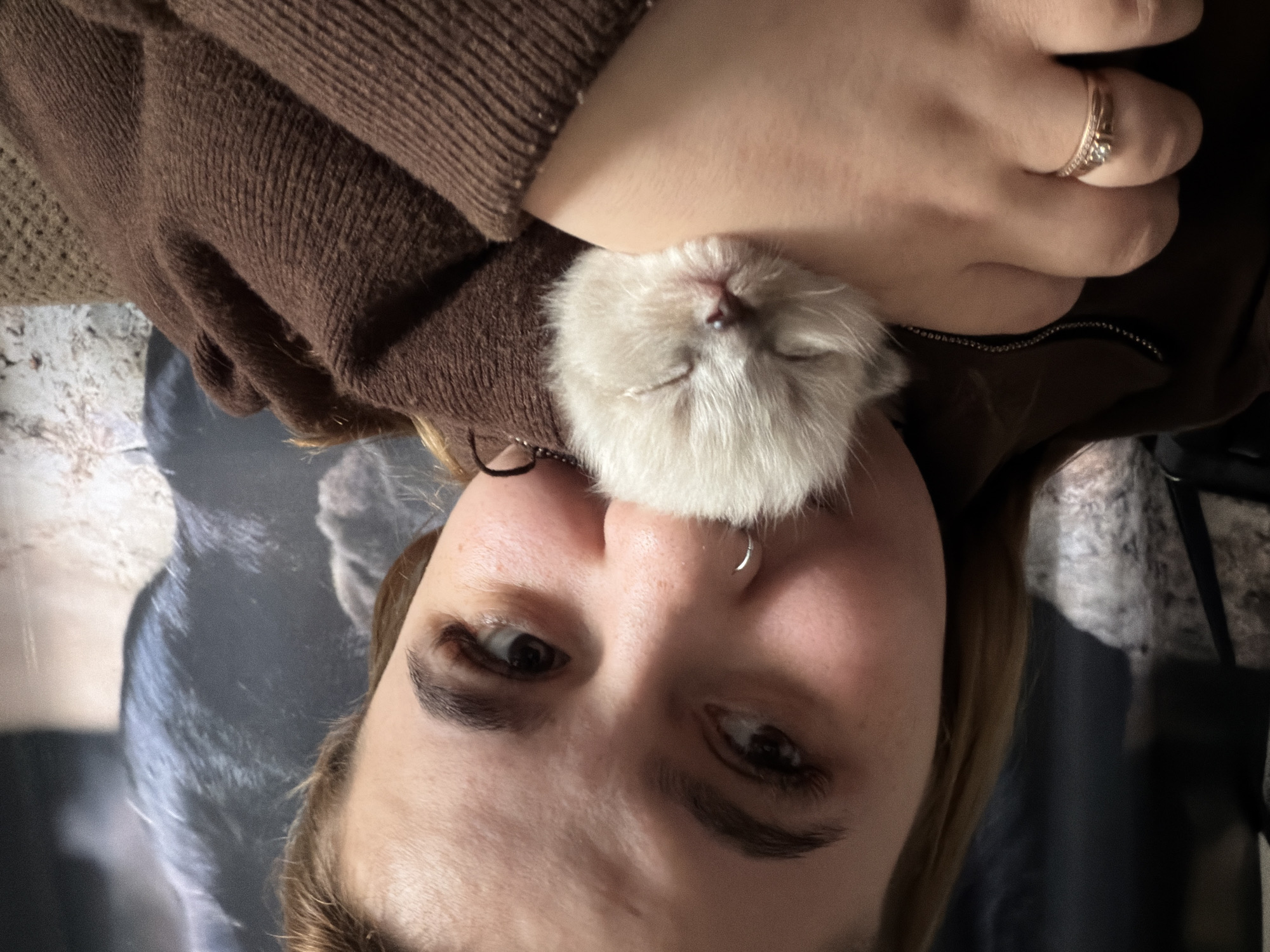 A woman is holding a small, light-colored kitten against her face. The woman has light skin, dark eyebrows, and a nose ring. She is wearing a brown sweater. A ring is visible on her finger. The background is partially obscured, showing a blurred pattern that could be fabric. The image appears to be rotated. No information regarding location can be determined from this image.
