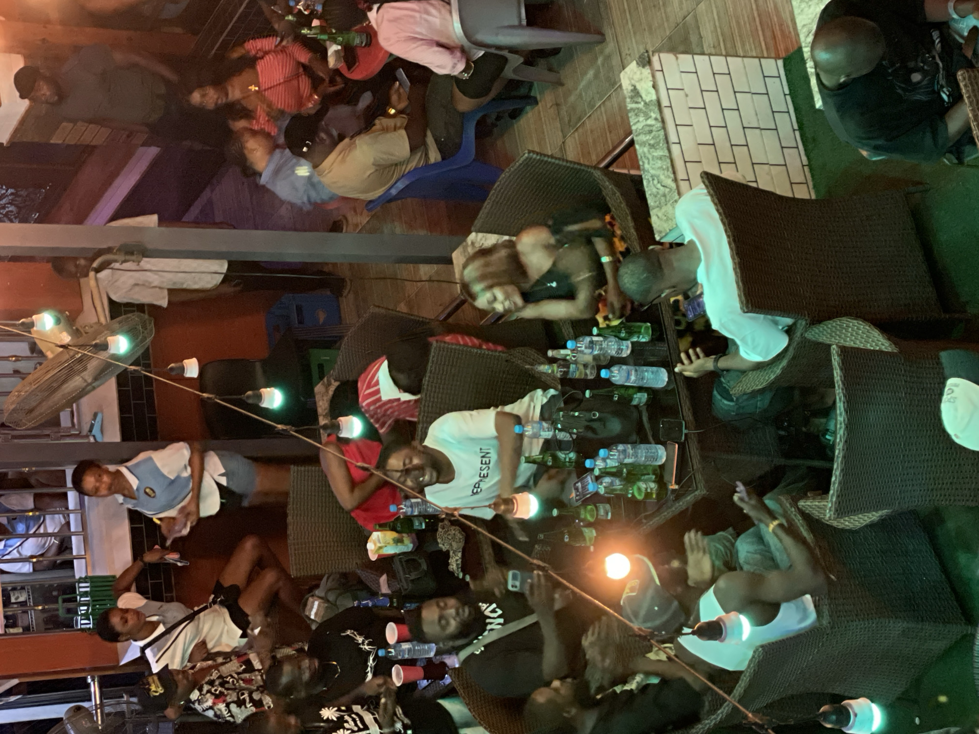 The image captures a group of people gathered outdoors at night, seemingly at a bar or restaurant. The scene is dimly lit with the glow of string lights, creating a festive and relaxed atmosphere. Several individuals are seated at tables, some interacting with each other, while others are looking at their phones.
The subjects in the image are primarily people of various ages and genders, dressed casually. They are engaged in activities that suggest a social gathering or a night out. Some are holding drinks, and bottles of water and beer are visible on the tables.
Notable details include the presence of outdoor furniture, such as wicker chairs and tables, which points towards an al fresco setting. The lighting suggests it is nighttime. The mood appears to be jovial and casual, with some individuals smiling or engaged in conversation.
There is some visible text on a person's t-shirt that appears to read "REPRESENT." Other text is illegible due to the image quality and orientation. The overall scene conveys a sense of camaraderie and enjoyment during an evening social event.