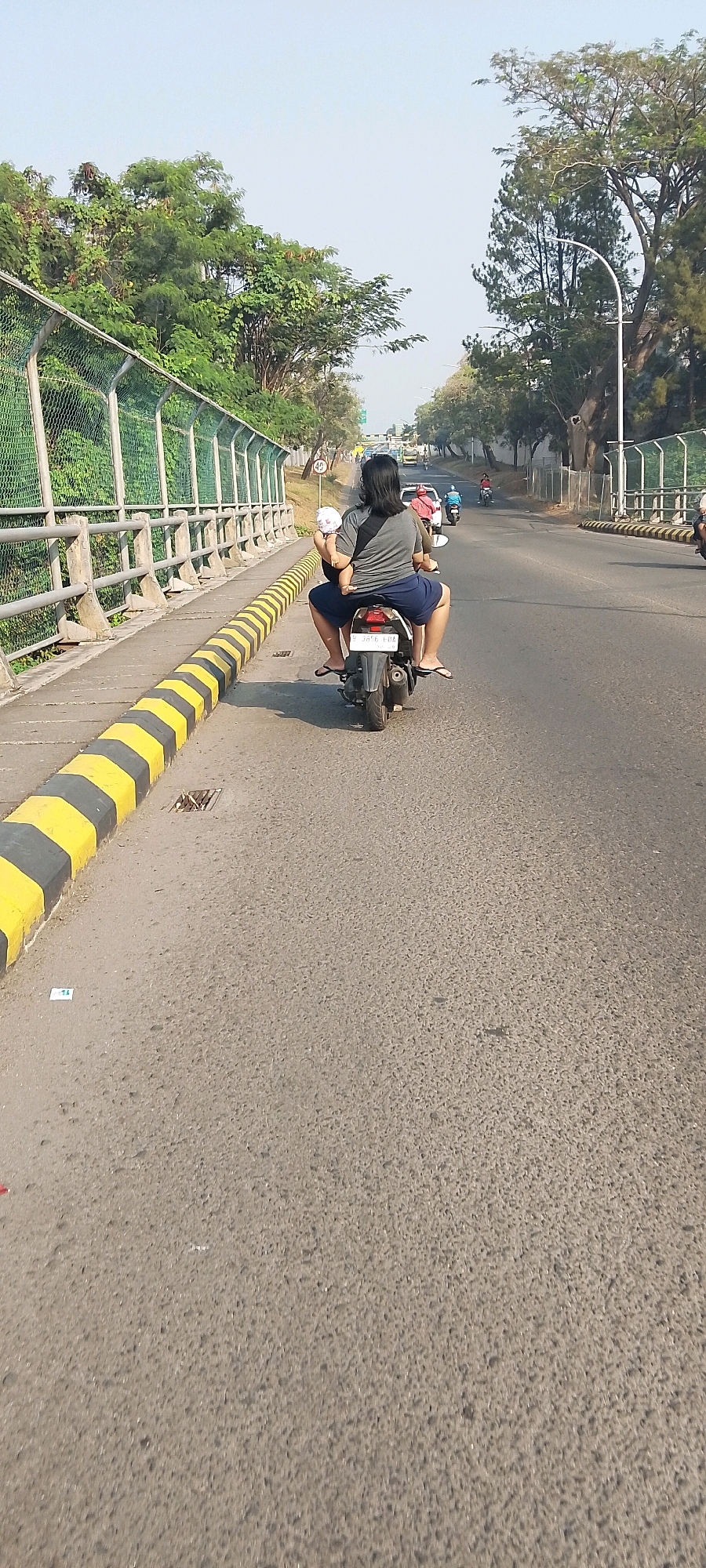 An overhead, low-angle, medium shot captures a woman and a baby riding on a motorcycle on a paved road in Gunung Putri, Indonesia. The woman, facing away from the camera, wears a gray t-shirt and dark blue shorts. The baby, facing away from the camera, wears a light-colored onesie. They are positioned in the center of the frame, with the motorcycle's rear wheel visible in the foreground.
The road is asphalt, with a yellow and black striped barrier on the left side, separating the road from a raised walkway. A chain-link fence with metal posts runs along the top of the barrier. Trees and foliage line the left side of the road, beyond the fence. On the right side of the road, streetlights and more trees are visible. In the distance, other vehicles and people on motorcycles can be seen. The sky is a clear, pale blue, indicating a sunny day. The overall scene depicts a common mode of transportation in the area, with everyday life unfolding on a main thoroughfare.
