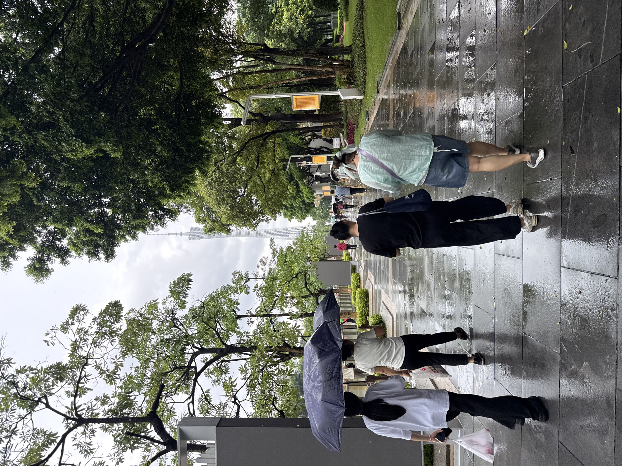 In Tianhe District, China, on a rainy day, several individuals walk along a wet, paved pathway lined with trees and greenery. A tall, slender tower with a distinctive pointed top is visible in the background, rising above the trees. In the foreground, two people share a large, dark umbrella, while another individual walks separately. A third person, a woman wearing a light green top and denim shorts, walks ahead, her back to the camera. The ground is reflective with puddles and fallen leaves, indicating recent rainfall. Other pedestrians can be seen further down the path, some also carrying umbrellas. The scene is set against a backdrop of lush trees and a cloudy sky, with modern buildings present in the distance.