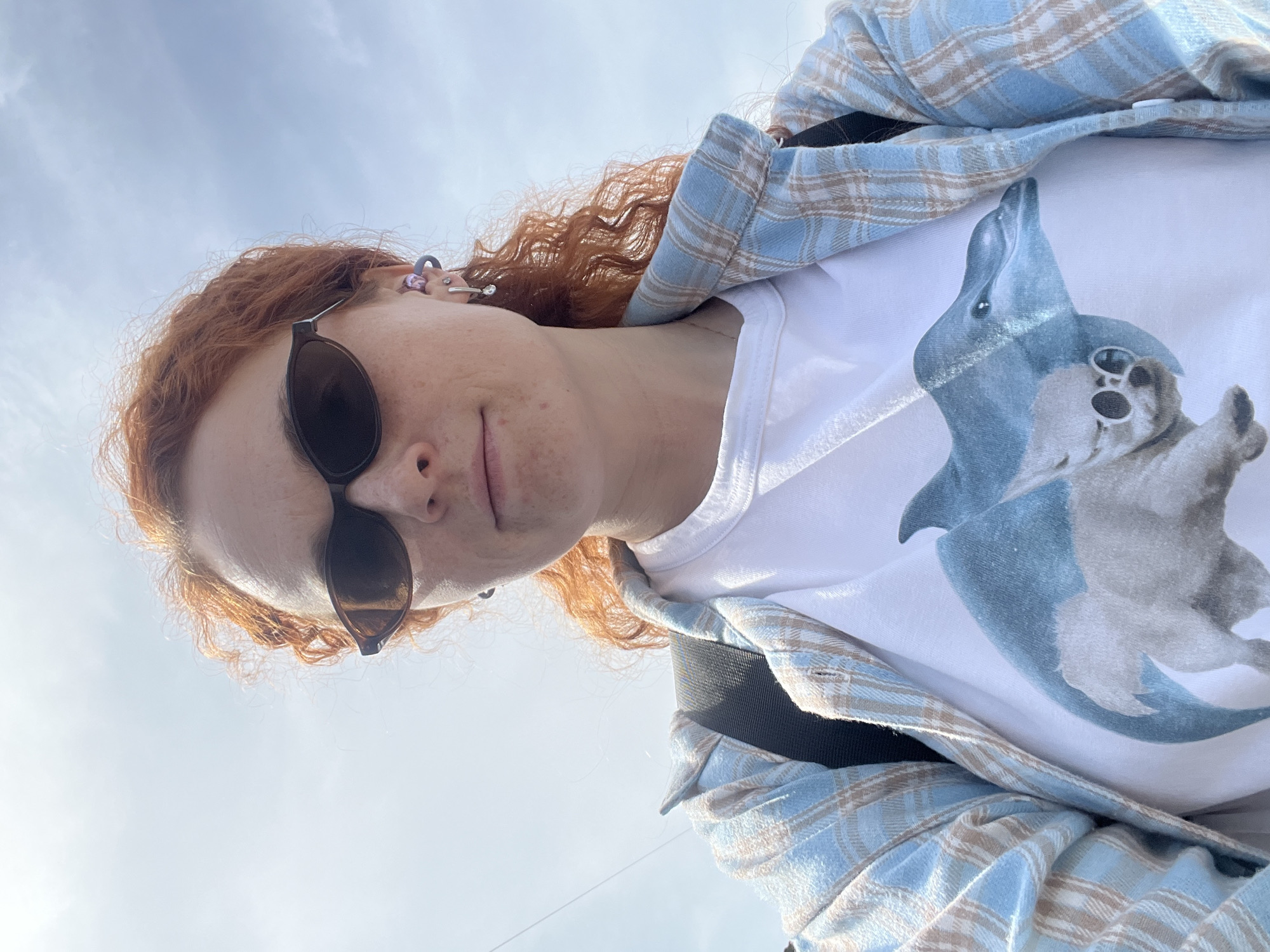 A low-angle portrait of a woman with curly red hair wearing sunglasses, a white t-shirt with a dolphin wearing sunglasses printed on it, and a blue plaid flannel shirt. The background is a bright sky with clouds. No information available to indicate that this picture was taken in the city of Chaikovsky, Russia.