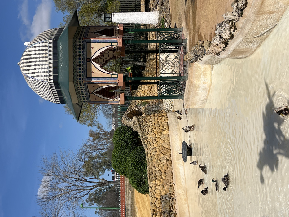 The image captures an outdoor park scene in Dos Hermanas, Spain, under a clear blue sky with minimal cloud cover.
The primary subject is an octagonal gazebo, located on the right side of the frame, constructed in a Moorish architectural style. Its dome is covered with a black and white geometric tile pattern. Below the dome is a dark green overhang, followed by the main structure which features eight arched openings. These arches are intricately decorated with multi-colored ceramic tiles in blue, green, yellow, and red hues, displaying geometric and floral motifs. The gazebo is supported by dark green columns with reddish bases and enclosed by a dark green metal railing with a geometric design.
In the foreground and middle ground, a shallow water channel or pond extends, containing approximately 15 to 20 ducks. The water appears light-colored, possibly off-white or milky green. A dark, circular floating object, likely a fountain or aerator, is visible in the water. The left bank of the channel is characterized by a rough, yellowish-brown stone retaining wall topped with dense green bushes, and a small cascade feeding into the water. The right bank, near the gazebo, features a concrete edge partially lined with rugged rock formations.
In the background, behind the stone wall and in the distance, are numerous trees, some deciduous with bare branches and others evergreen. A light-colored ground area or path is visible on the left bank. To the immediate right of the gazebo stands a white, fluted pillar topped with a dark lantern fixture. Strong shadows are cast on the water and ground, indicating direct overhead sunlight. The ducks are observed swimming and preening within the water channel.