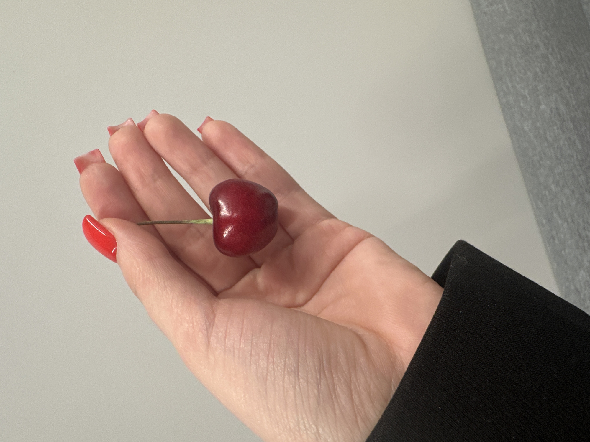 A hand holds a cherry. The hand has red nail polish. The person is wearing a black blazer. The location is not Birobidzhan, Russia. The background is a plain wall with a gray textured area.