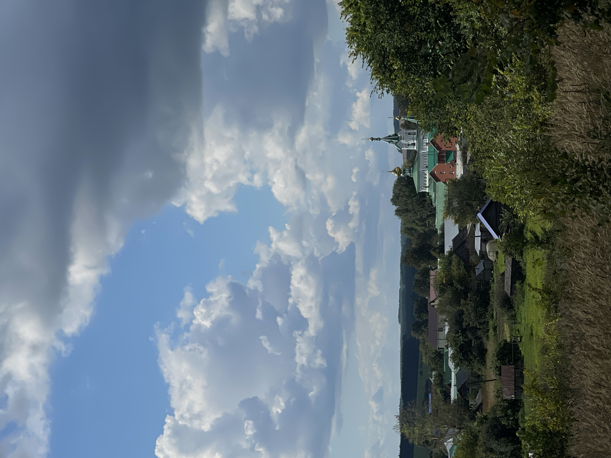 The image depicts a rural landscape in Perevoznoe, Russia, under a partly cloudy sky. In the distance, a prominent green-roofed church with golden domes stands amidst a village of red and white buildings. The village is nestled among lush green trees, with fields and rolling hills visible in the background. In the foreground, tall, dry grasses and vegetation line the bottom of the frame, suggesting a natural, untamed environment. The overall scene conveys a sense of tranquility and a traditional Russian countryside.