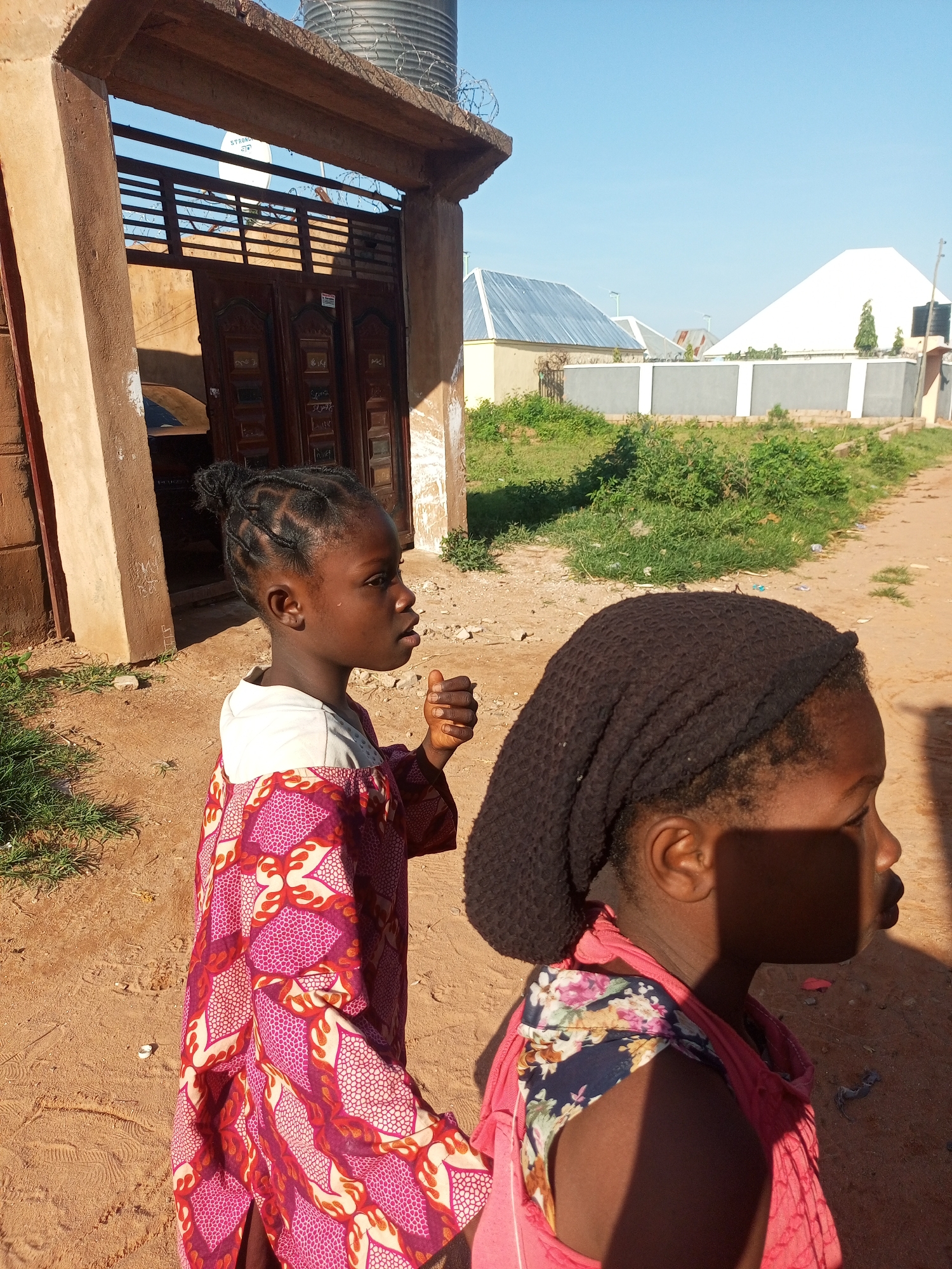 In a dusty, outdoor environment, two young girls are positioned in the foreground. The girl on the left, facing right in profile, wears a vibrant pink and white patterned garment with a white collar. Her hair is styled in braided pigtails pulled up into a bun. Her right hand is raised, with her thumb extended. The girl on the right, also facing right in profile and closer to the camera, has a dark head covering. A portion of her left shoulder is visible, wearing a garment with a floral pattern. Both girls appear to be in good health.
Behind the girls, a building with a wooden gate and a large water tank on its roof is visible. The gate is intricately carved. To the right of the building, a dirt path leads past a low, gray concrete wall. Beyond the wall, several houses with distinct roof designs are present, including a white, pyramidal-shaped roof and a blue, corrugated metal roof. The sky is clear and blue, indicating a sunny day. The ground is composed of sand and dirt, with patches of green grass and vegetation scattered throughout the scene. The overall impression is one of a residential area in a warm climate, likely Nigeria, given the reference to Tempure.