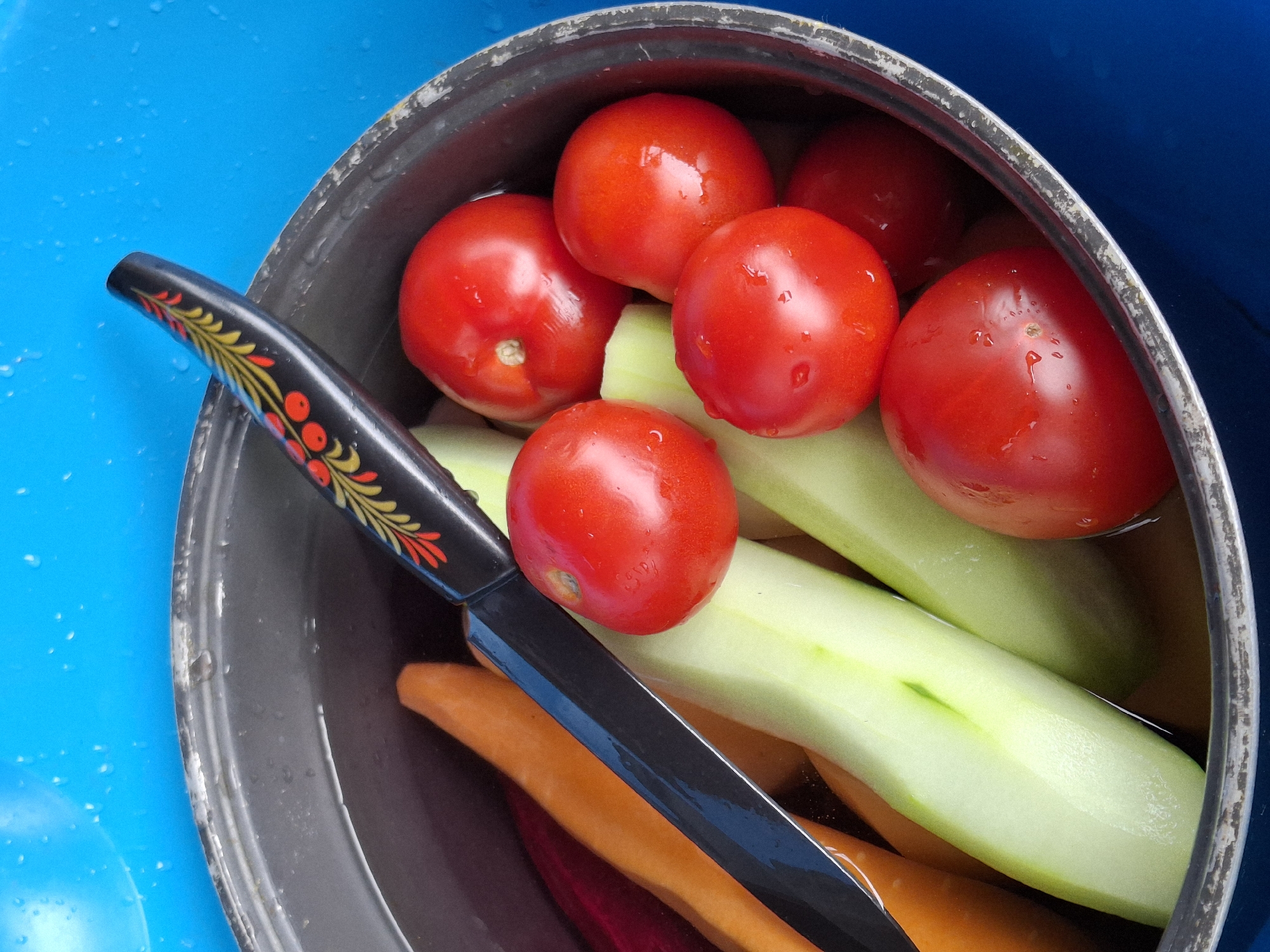 A close-up, top-down shot captures a metal pot filled with water and vegetables, placed on a blue surface. Inside the pot are several whole, red cherry tomatoes, halved pieces of pale green cucumber, and elongated pieces of orange carrot. A black knife with a decorative handle, featuring red and yellow painted floral designs, rests diagonally across the top of the vegetables. The pot's rim is visible, showing signs of wear. The blue surface, likely a countertop or table, has a few water droplets. The scene is located in Plishkino, Russia.